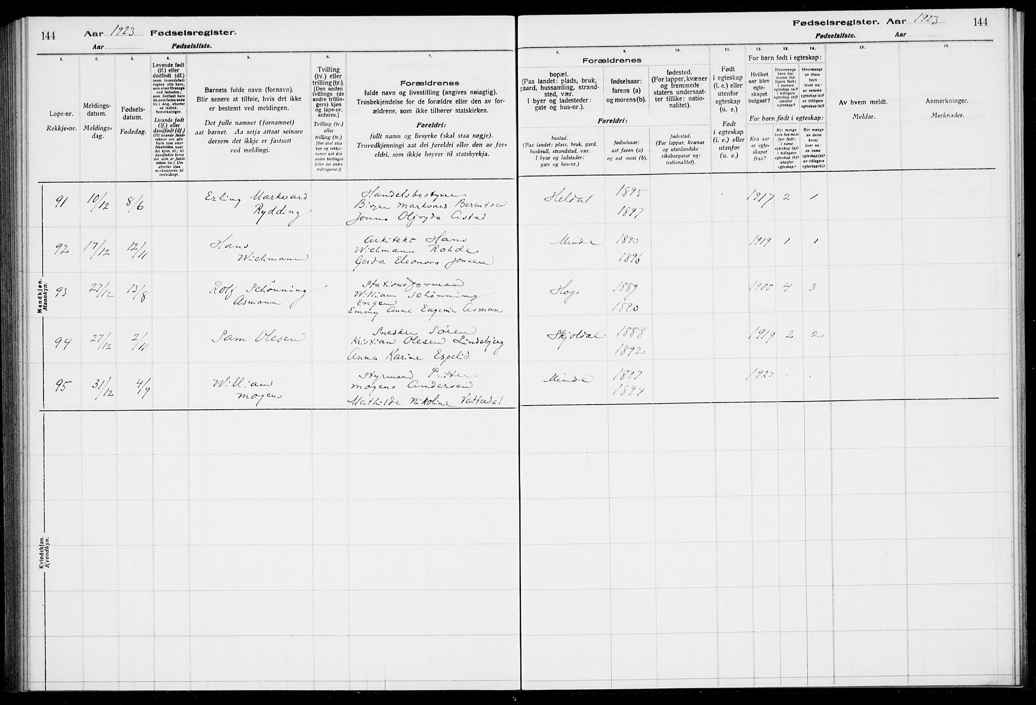 Birkeland Sokneprestembete, AV/SAB-A-74601/I/Id/L00A1: Fødselsregister nr. A 1, 1916-1926, s. 144