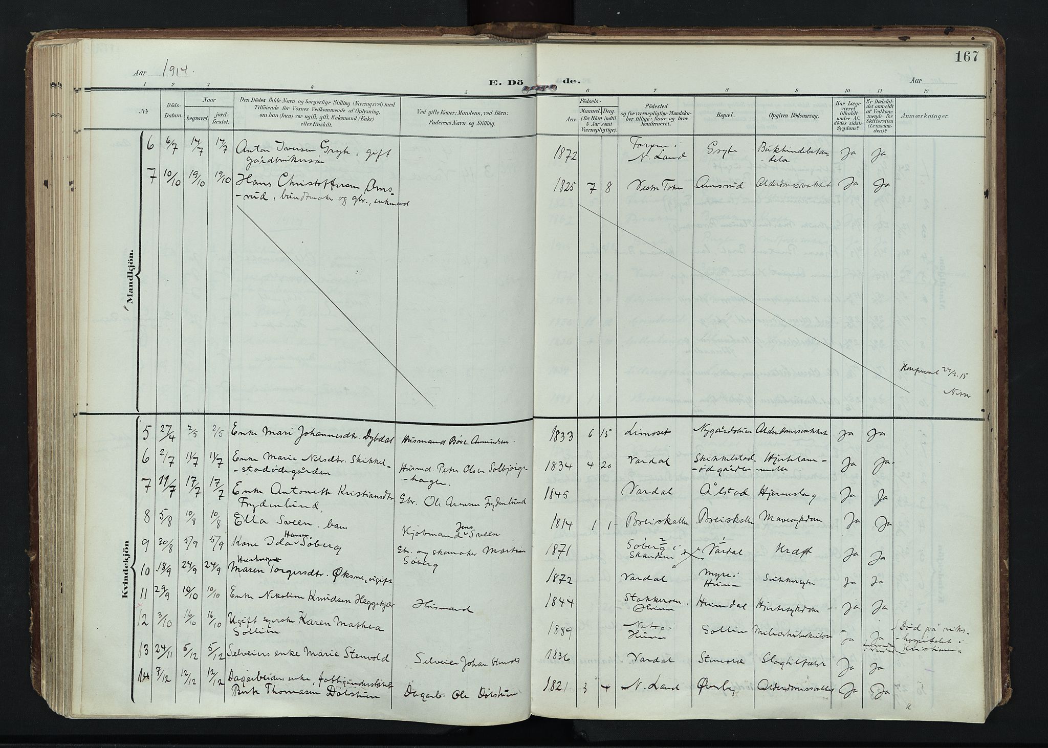 Vardal prestekontor, AV/SAH-PREST-100/H/Ha/Haa/L0020: Ministerialbok nr. 20, 1907-1921, s. 167