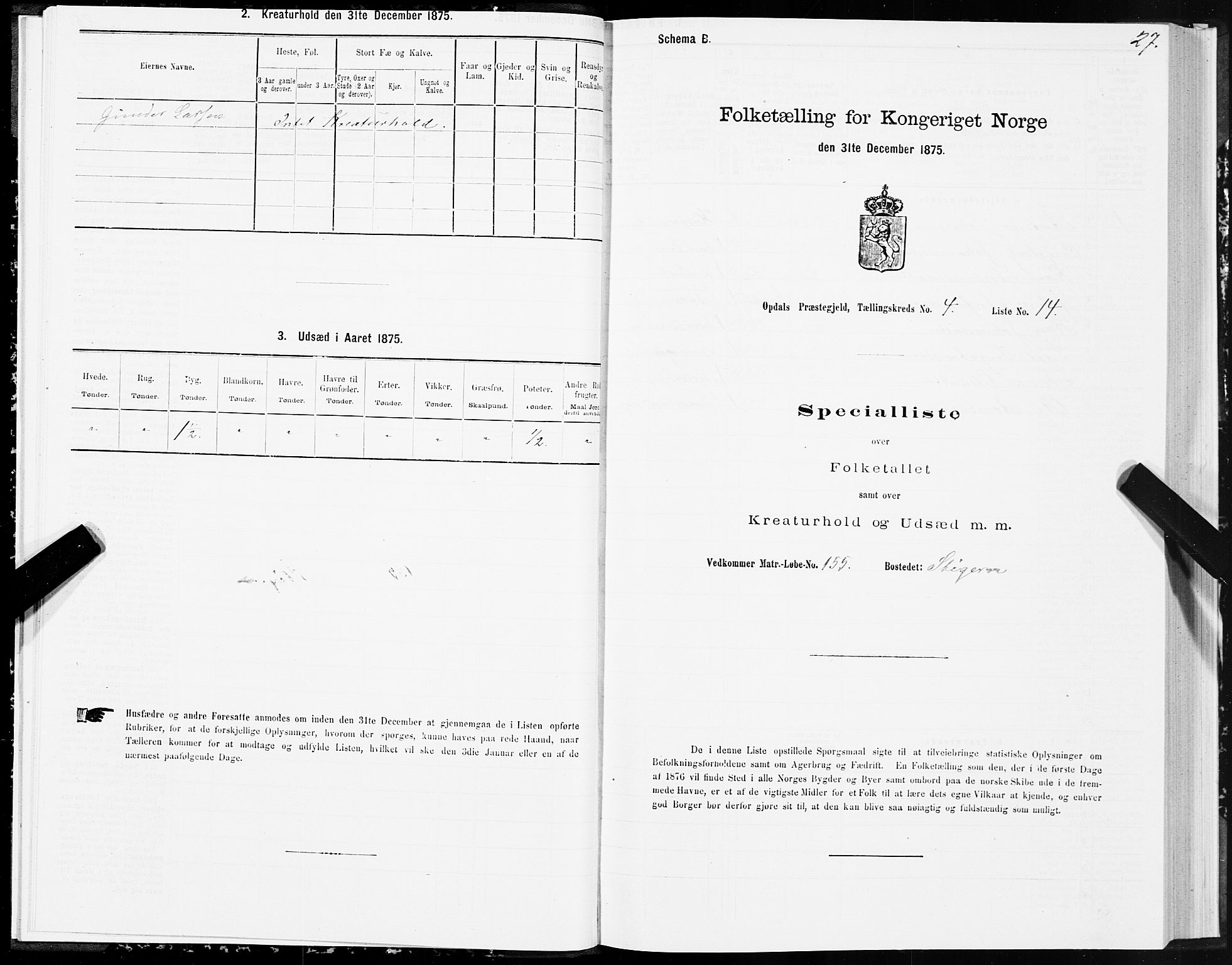 SAT, Folketelling 1875 for 1634P Oppdal prestegjeld, 1875, s. 3027