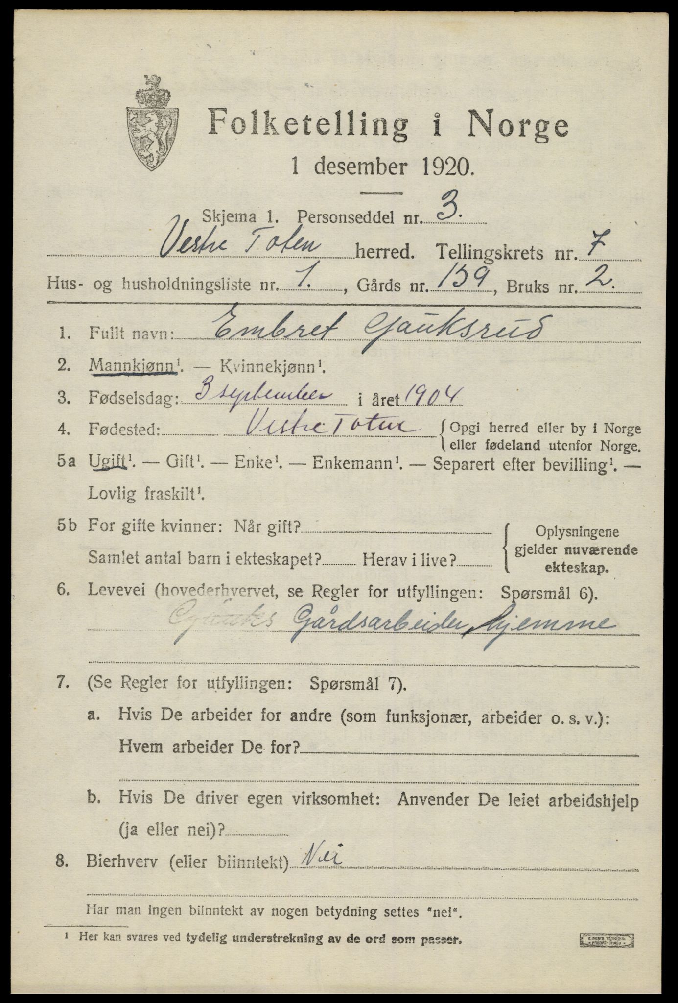 SAH, Folketelling 1920 for 0529 Vestre Toten herred, 1920, s. 9226