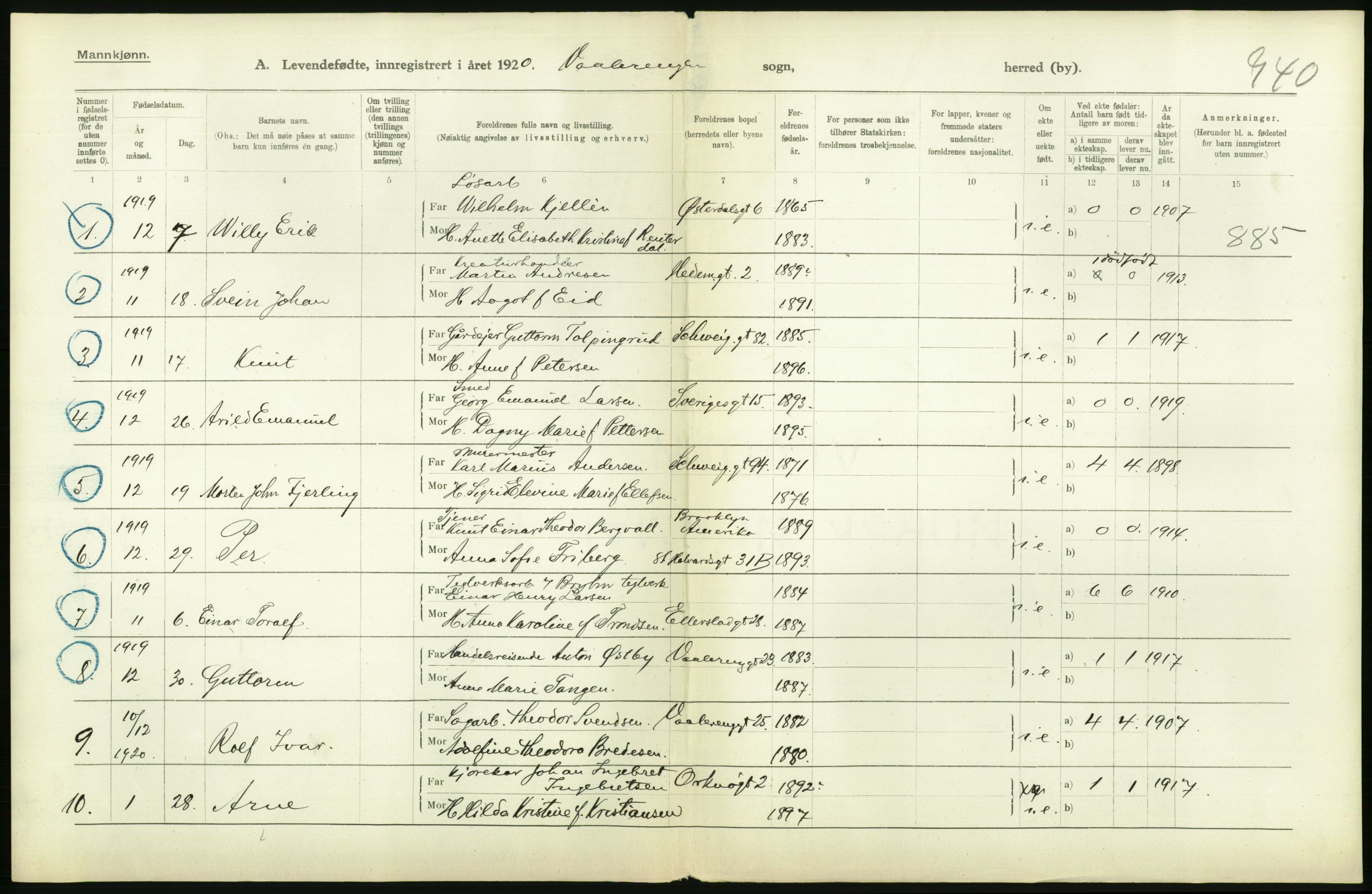 Statistisk sentralbyrå, Sosiodemografiske emner, Befolkning, AV/RA-S-2228/D/Df/Dfb/Dfbj/L0008: Kristiania: Levendefødte menn og kvinner., 1920, s. 82
