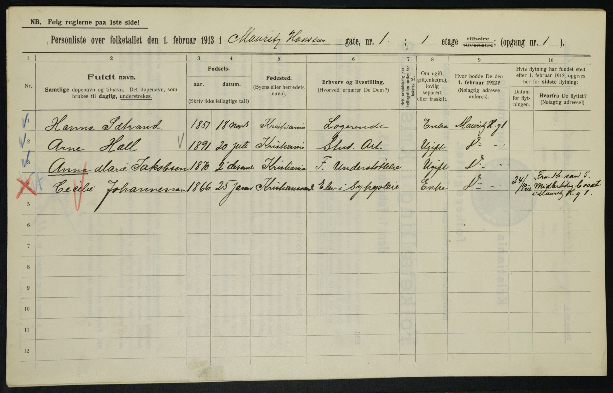 OBA, Kommunal folketelling 1.2.1913 for Kristiania, 1913, s. 64668