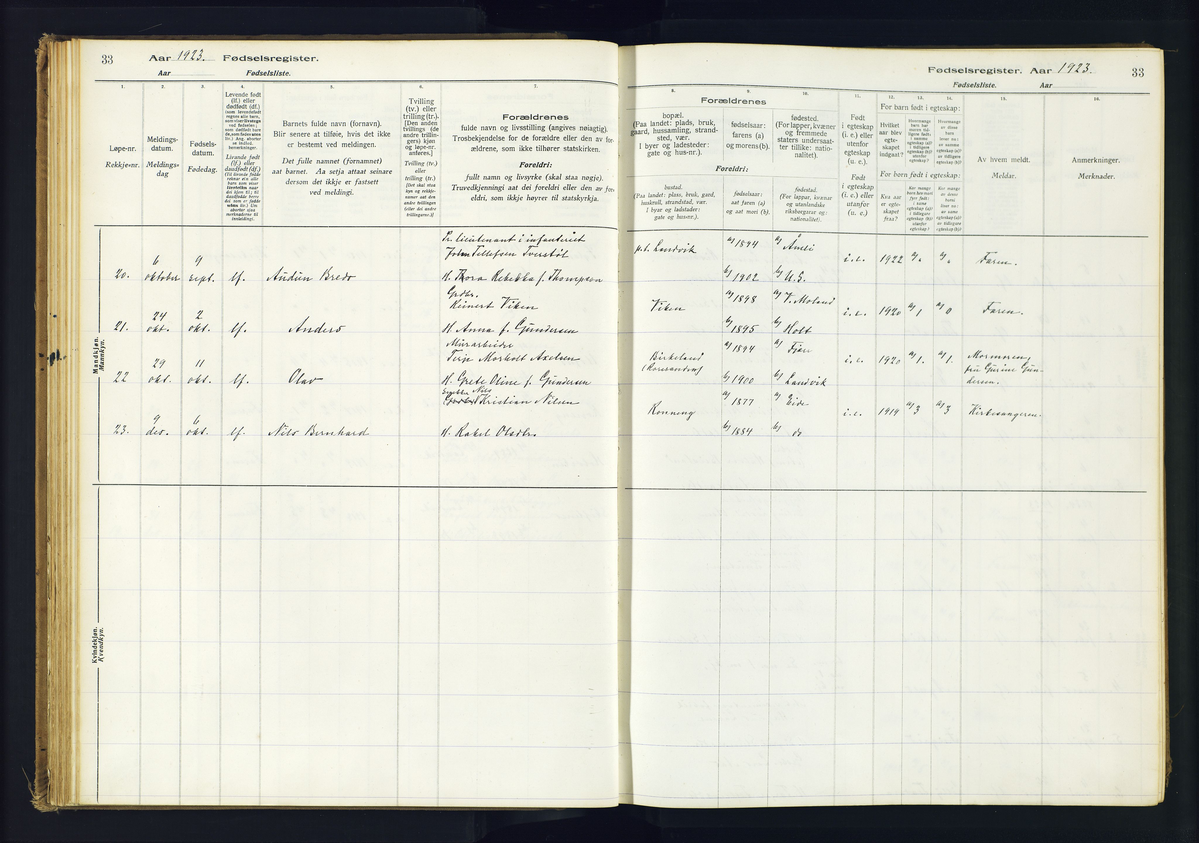 Hommedal sokneprestkontor, AV/SAK-1111-0023/J/Jd/L0001: Fødselsregister nr. 1, 1916-1962, s. 33