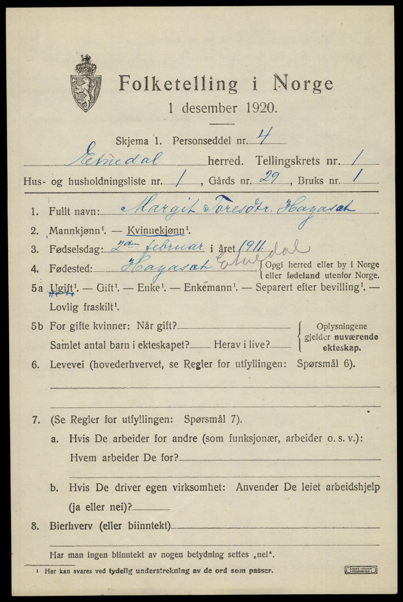 SAH, Folketelling 1920 for 0541 Etnedal herred, 1920, s. 818