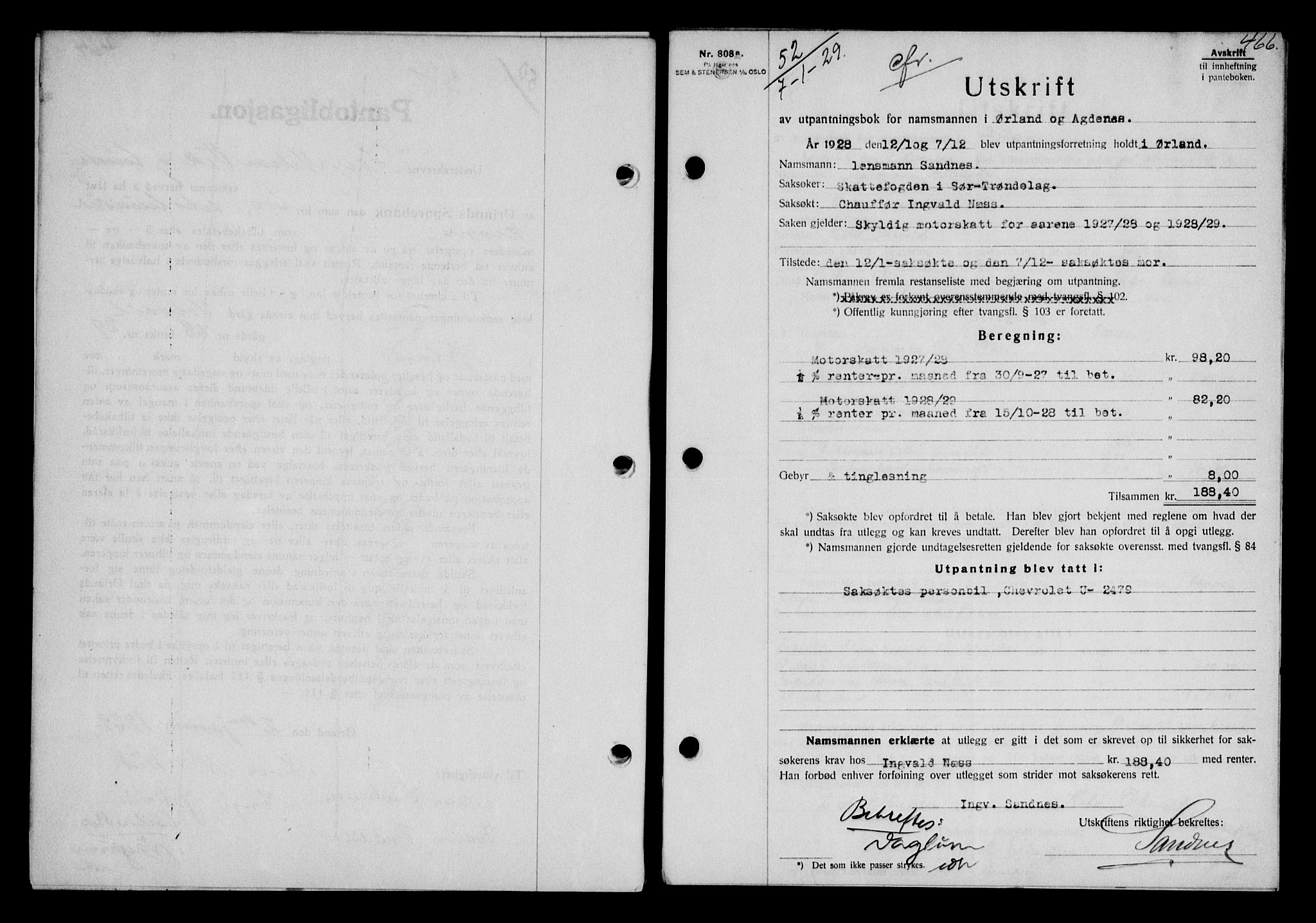 Fosen sorenskriveri, AV/SAT-A-1107/1/2/2C/L0067: Pantebok nr. 58, 1928-1929, s. 466, Tingl.dato: 07.01.1929