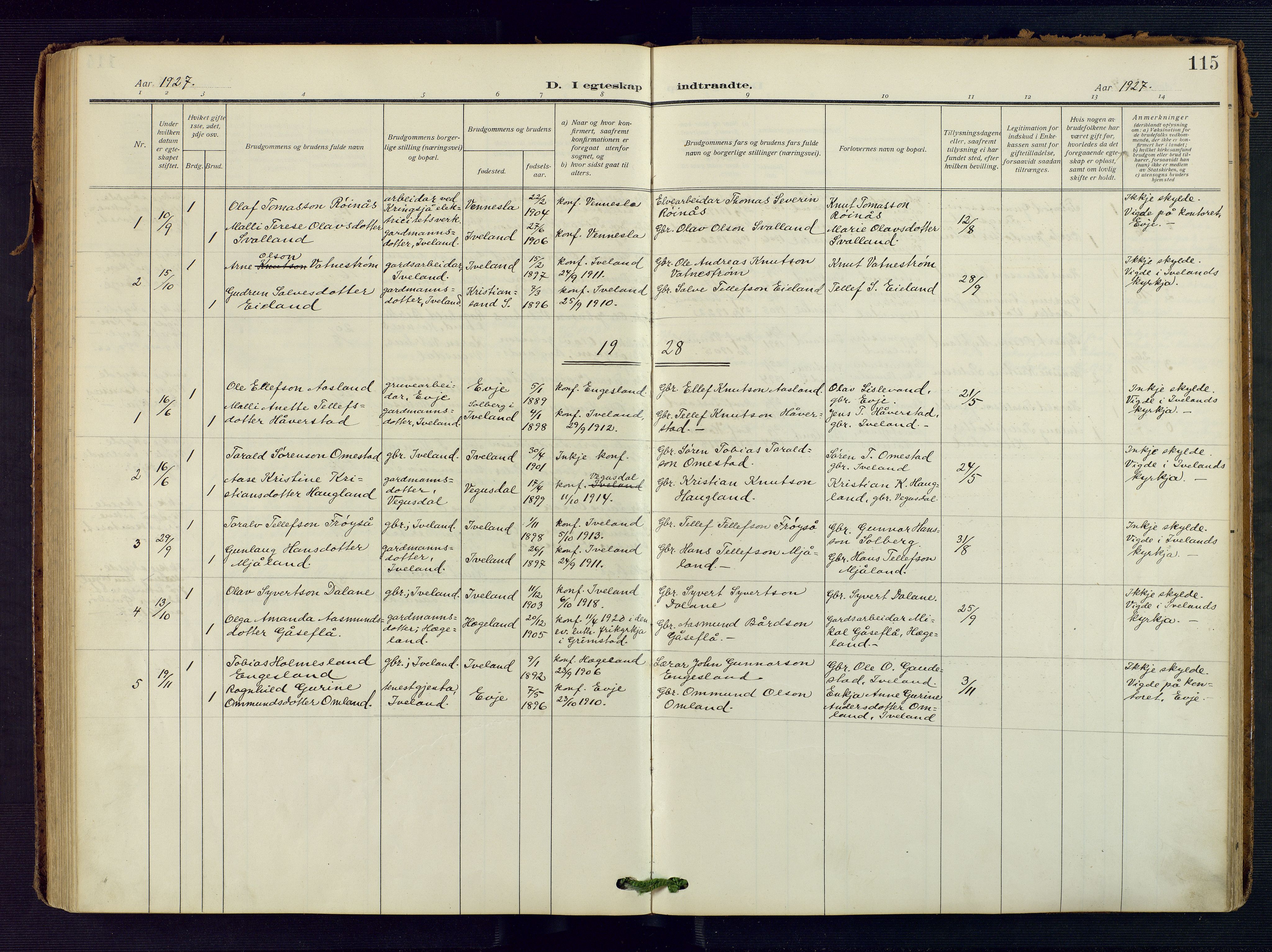 Evje sokneprestkontor, SAK/1111-0008/F/Fa/Fac/L0004: Ministerialbok nr. A 4, 1910-1932, s. 115