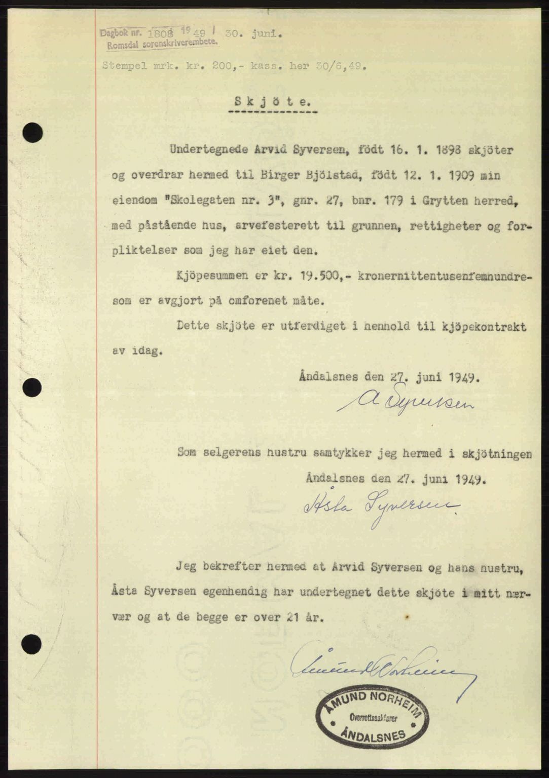 Romsdal sorenskriveri, SAT/A-4149/1/2/2C: Pantebok nr. A30, 1949-1949, Dagboknr: 1808/1949