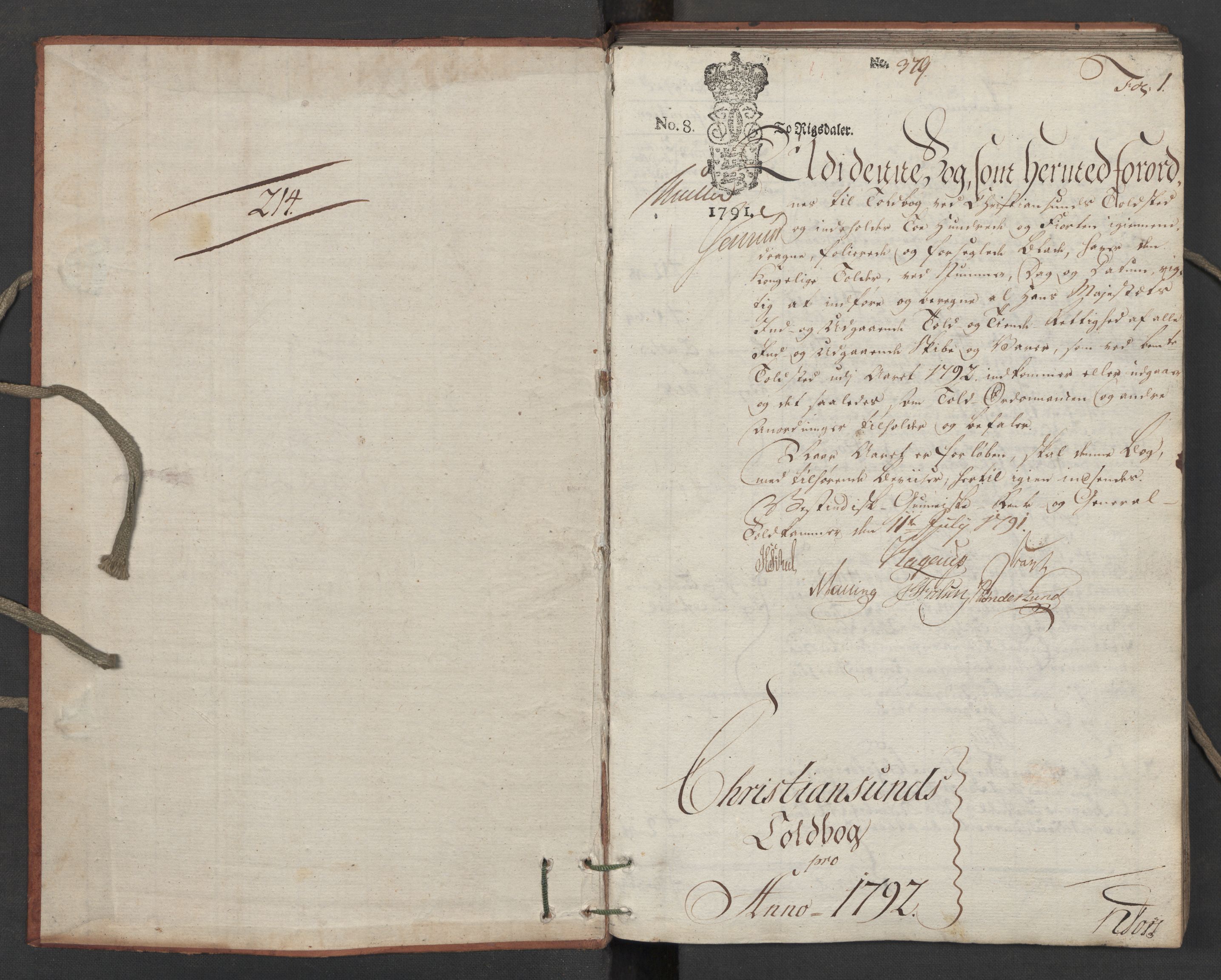 Generaltollkammeret, tollregnskaper, RA/EA-5490/R32/L0049/0001: Tollregnskaper Kristiansund / Tollbok, 1790-1792