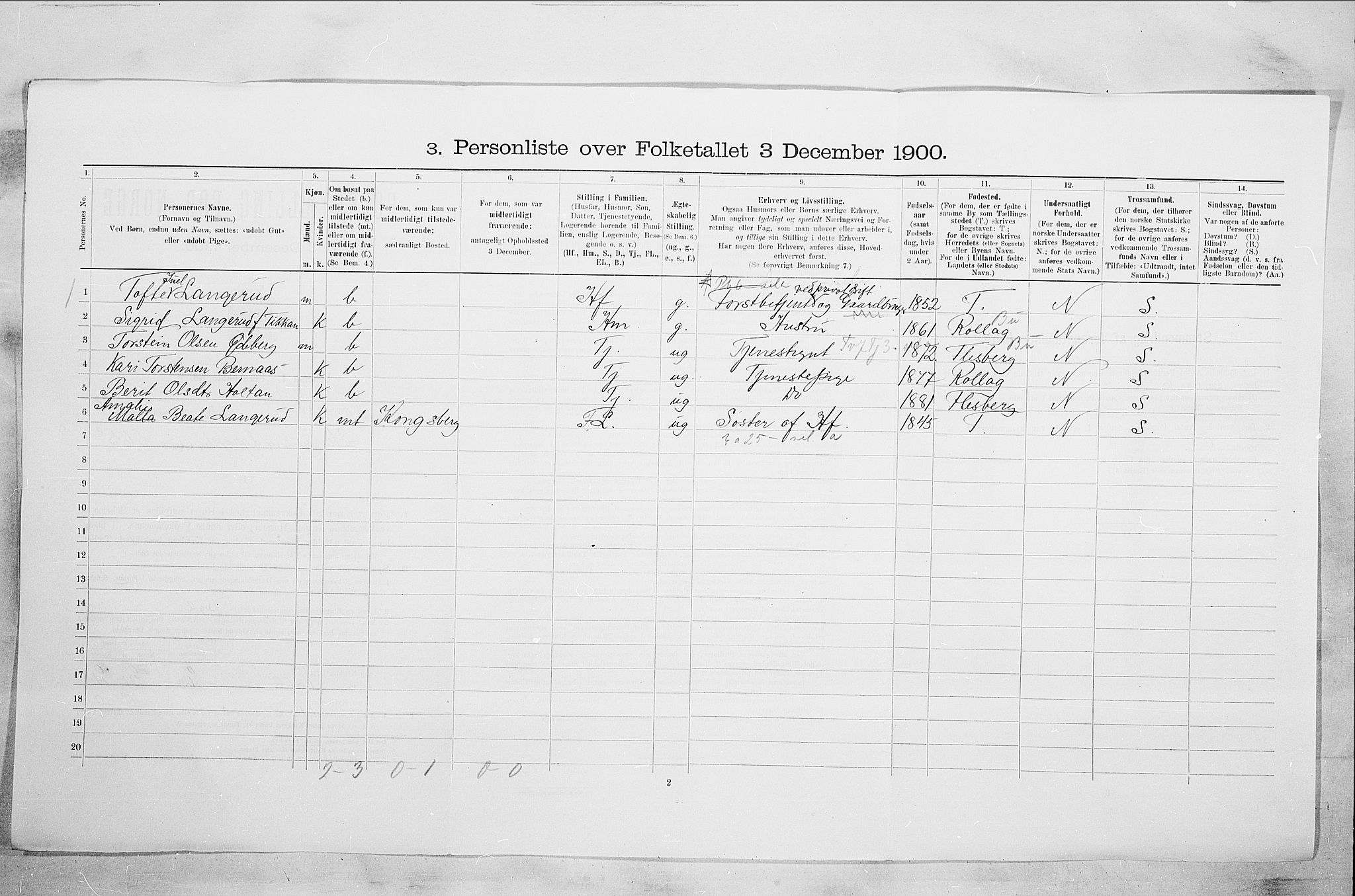 RA, Folketelling 1900 for 0604 Kongsberg kjøpstad, 1900, s. 2216