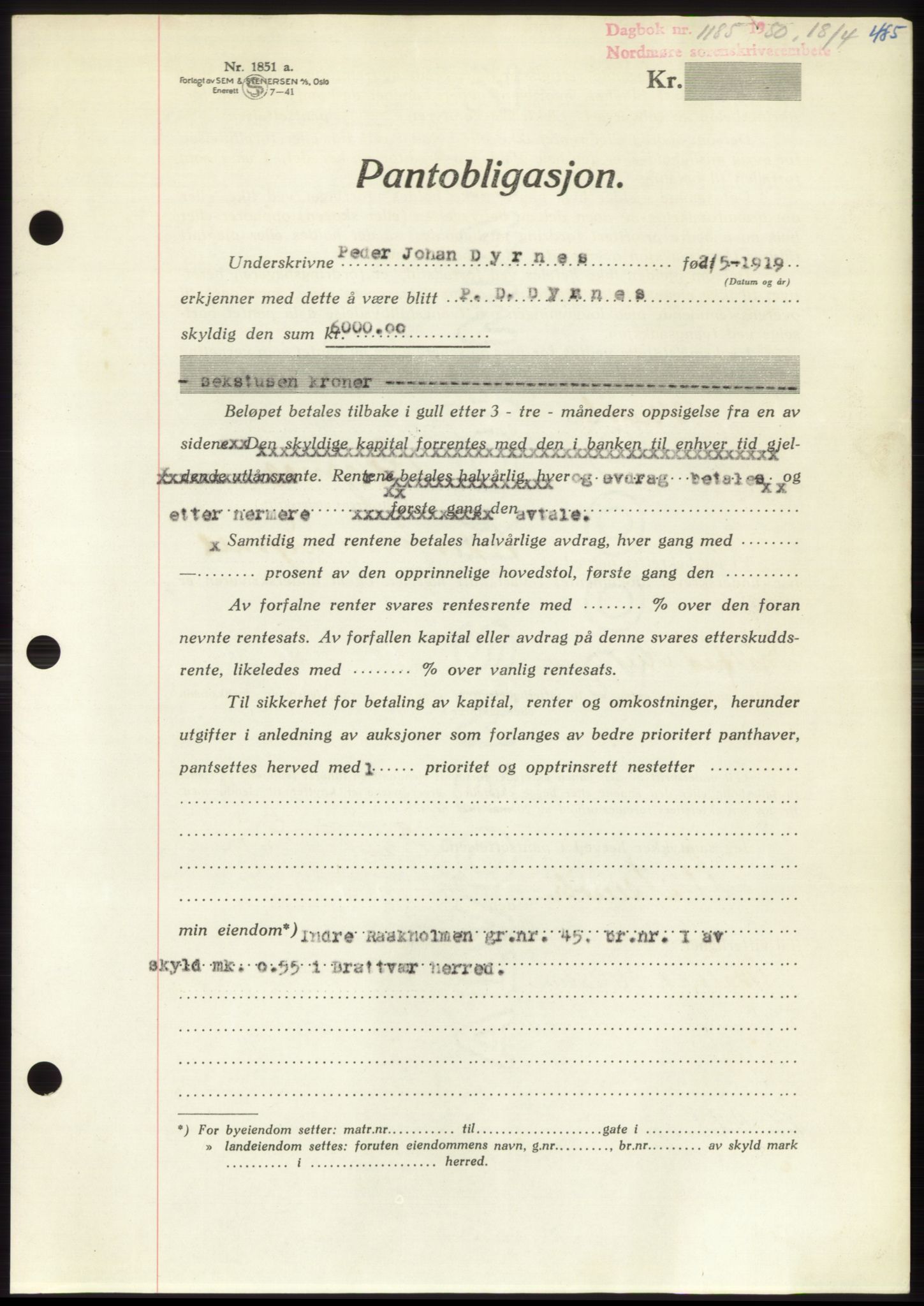 Nordmøre sorenskriveri, AV/SAT-A-4132/1/2/2Ca: Pantebok nr. B104, 1950-1950, Dagboknr: 1185/1950