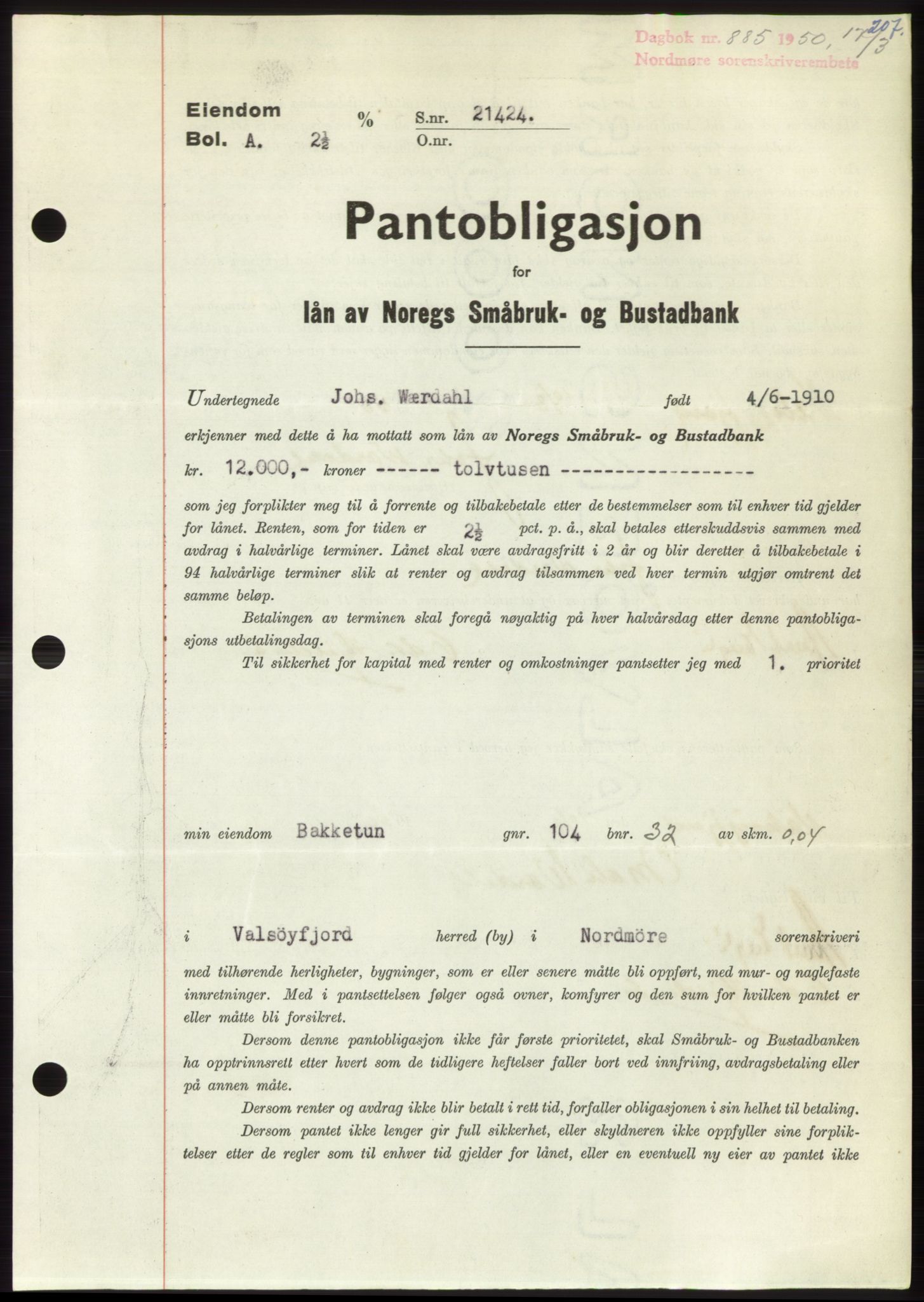 Nordmøre sorenskriveri, SAT/A-4132/1/2/2Ca: Pantebok nr. B104, 1950-1950, Dagboknr: 885/1950