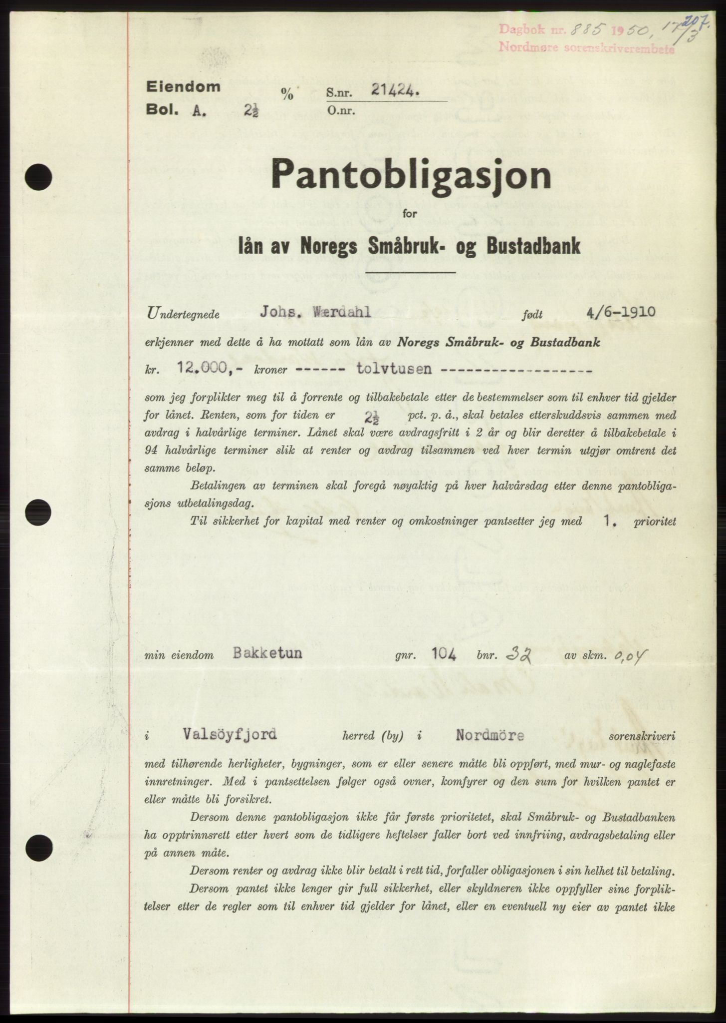 Nordmøre sorenskriveri, AV/SAT-A-4132/1/2/2Ca: Pantebok nr. B104, 1950-1950, Dagboknr: 885/1950