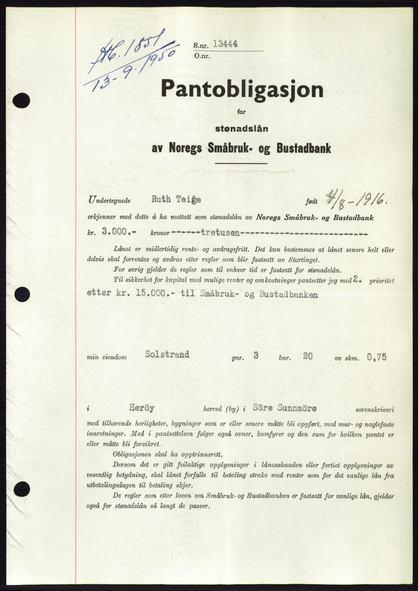 Søre Sunnmøre sorenskriveri, SAT/A-4122/1/2/2C/L0119: Pantebok nr. 7B, 1950-1951, Dagboknr: 1851/1950