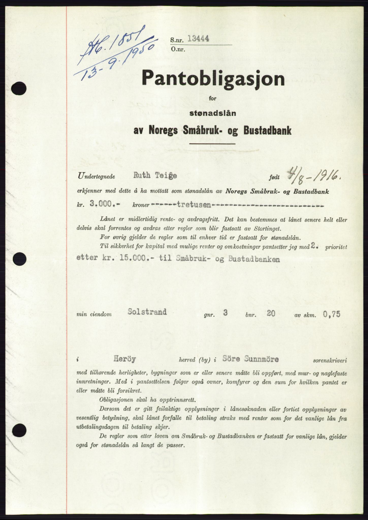 Søre Sunnmøre sorenskriveri, AV/SAT-A-4122/1/2/2C/L0119: Pantebok nr. 7B, 1950-1951, Dagboknr: 1851/1950