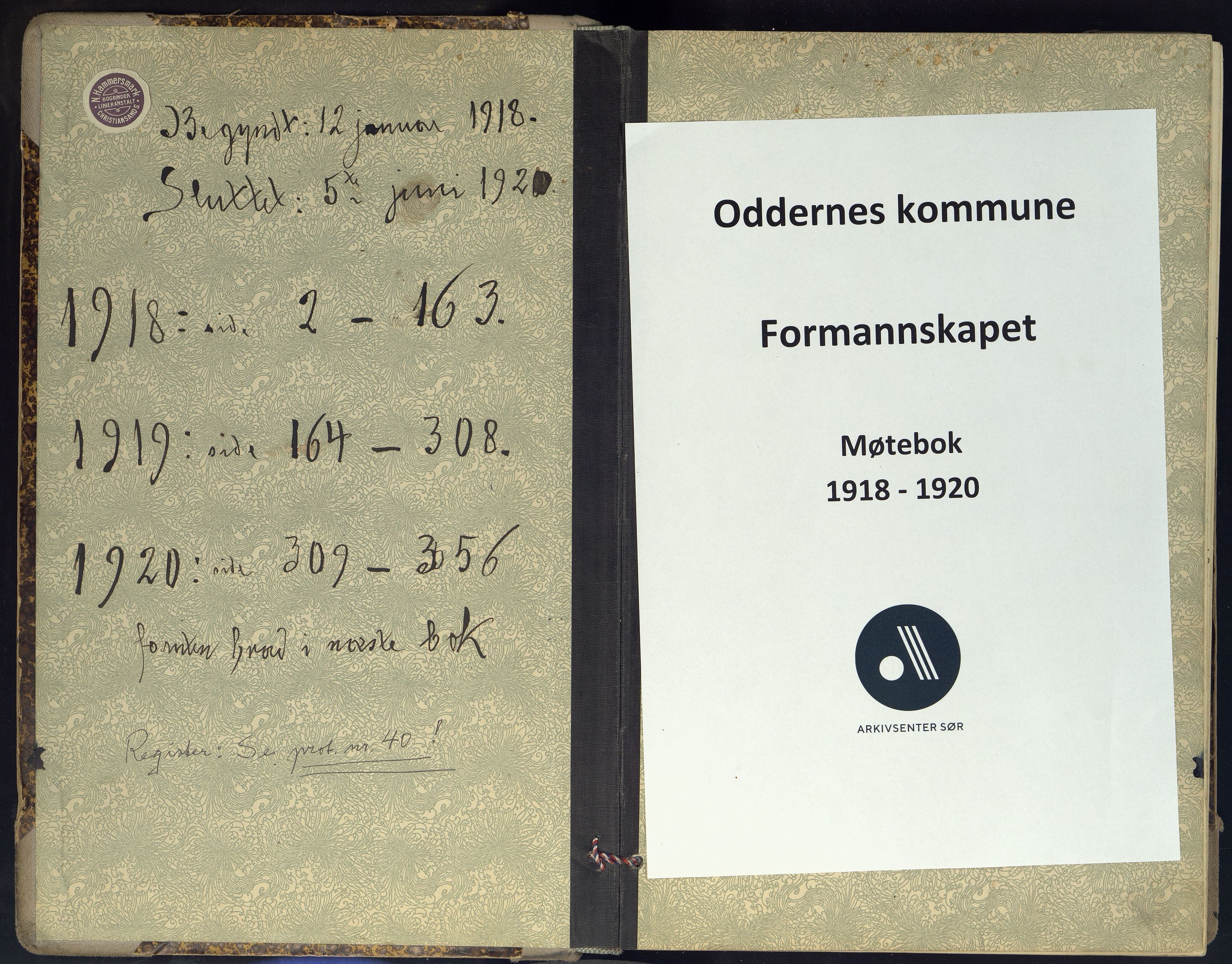 Oddernes kommune - Formannskapet, IKAV/1001OD120/A/Aa/L0007: Møtebok (d), 1918-1920
