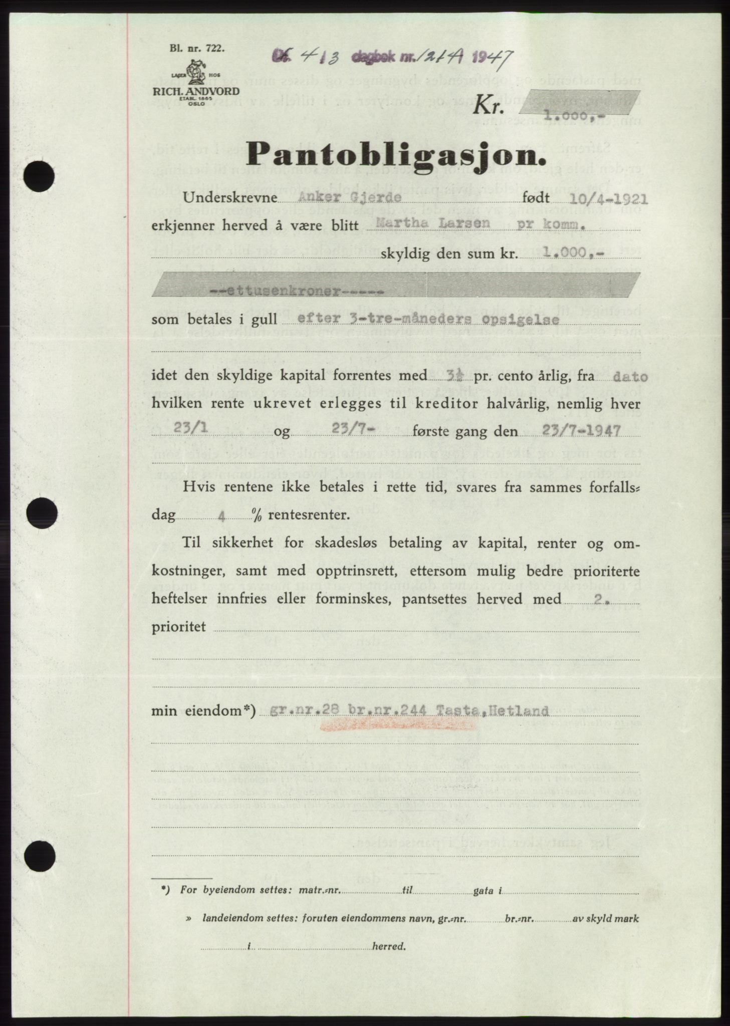 Jæren sorenskriveri, SAST/A-100310/03/G/Gba/L0094: Pantebok, 1947-1947, Dagboknr: 1214/1947