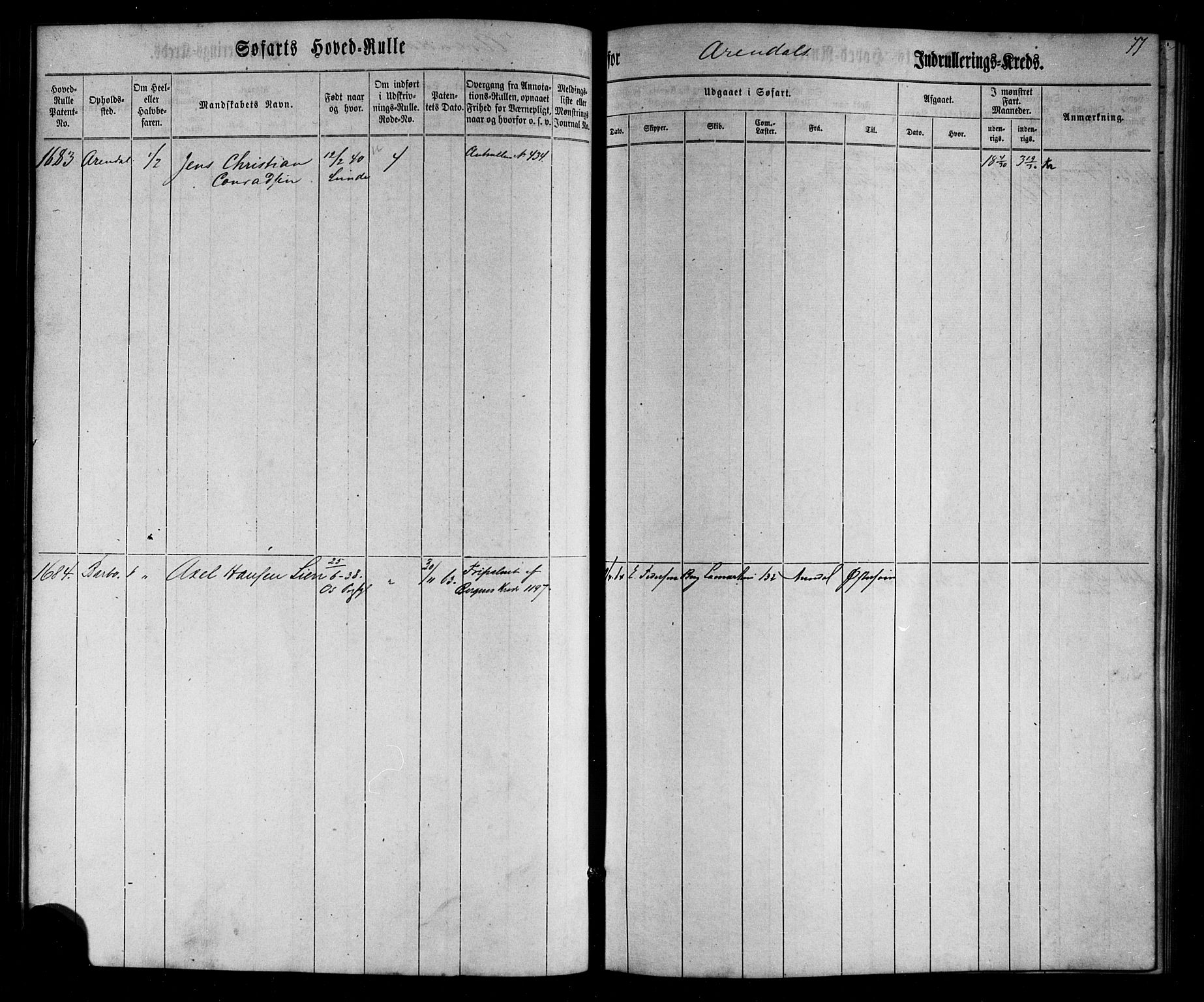 Arendal mønstringskrets, AV/SAK-2031-0012/F/Fb/L0002: Hovedrulle nr 1533-1724 uten register, E-3, 1863-1864, s. 77