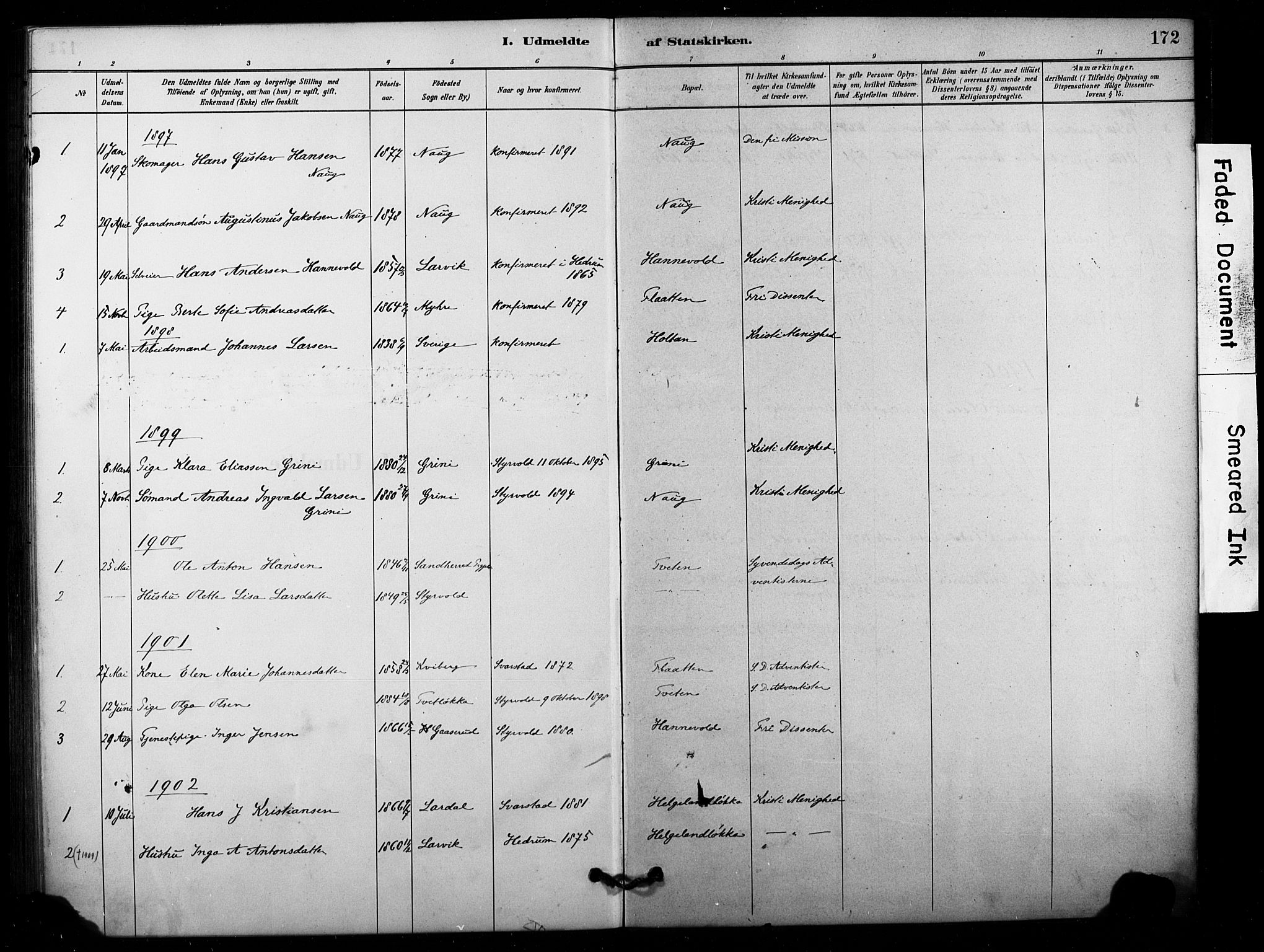 Lardal kirkebøker, AV/SAKO-A-350/F/Fd/L0001: Ministerialbok nr. IV 1, 1881-1907, s. 172