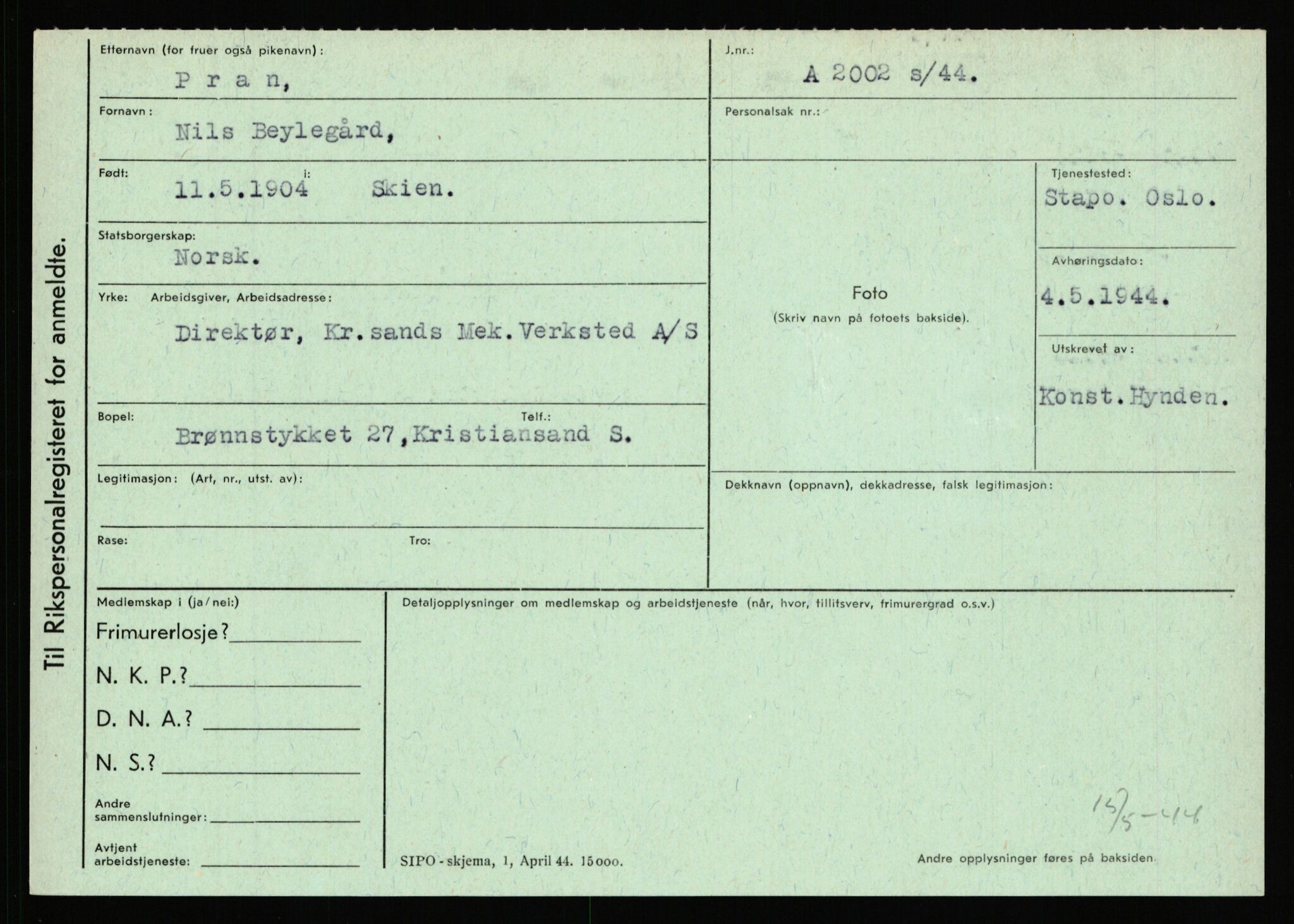 Statspolitiet - Hovedkontoret / Osloavdelingen, AV/RA-S-1329/C/Ca/L0012: Oanæs - Quistgaard	, 1943-1945, s. 4752