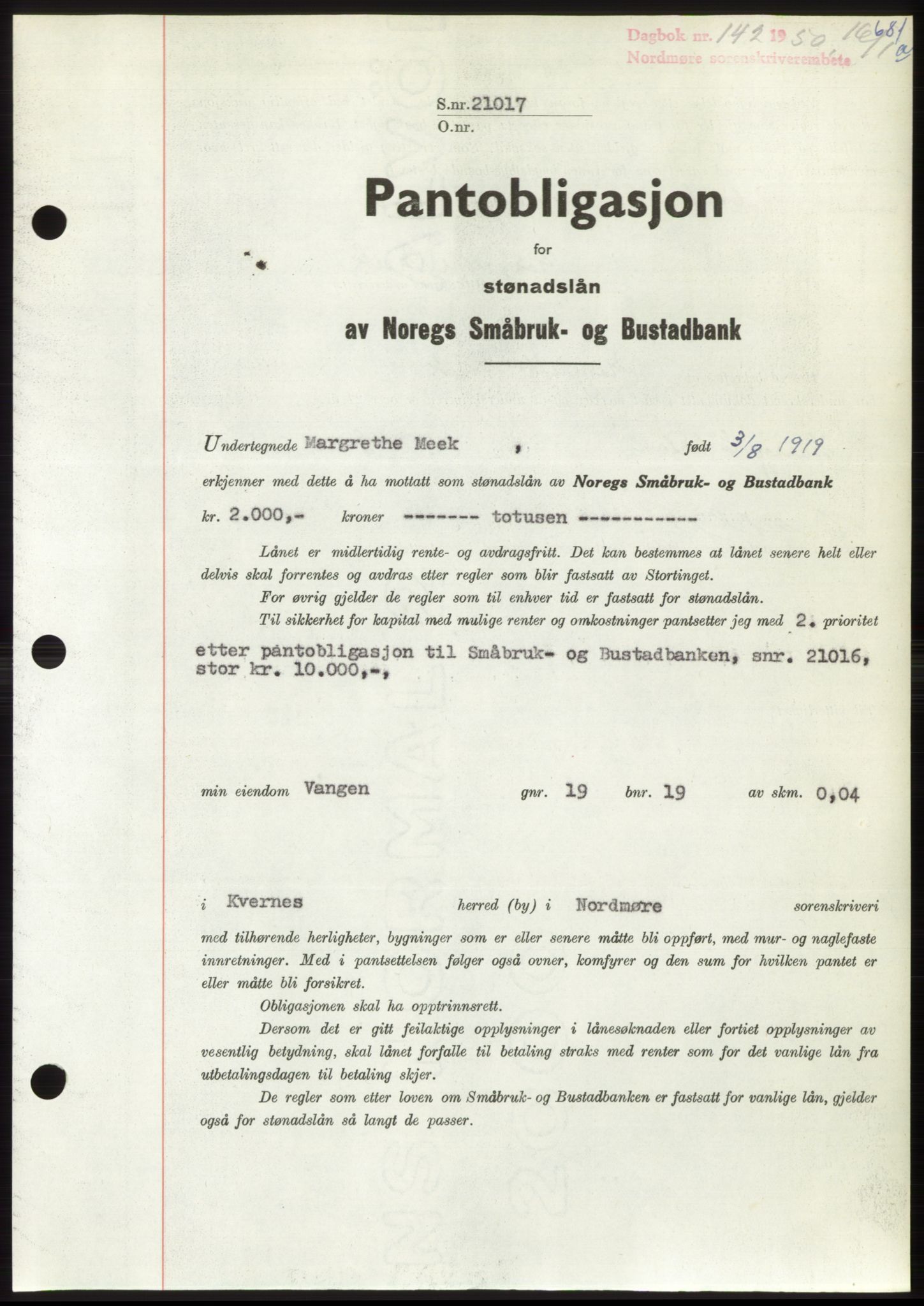 Nordmøre sorenskriveri, SAT/A-4132/1/2/2Ca: Pantebok nr. B103, 1949-1950, Dagboknr: 142/1950