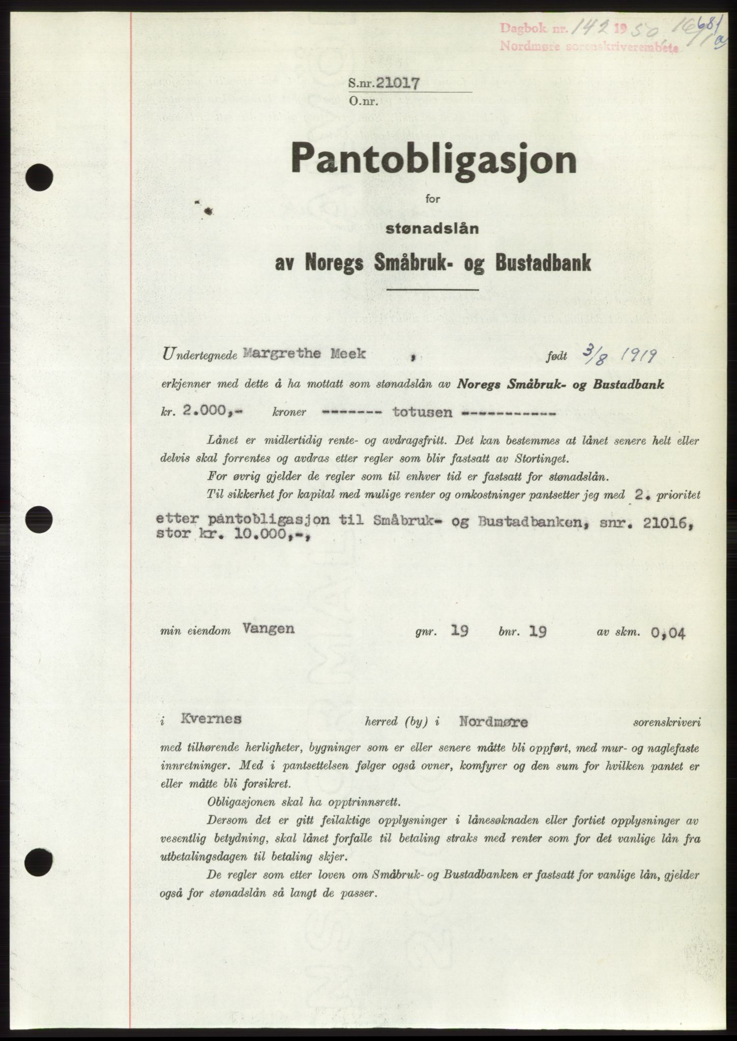 Nordmøre sorenskriveri, AV/SAT-A-4132/1/2/2Ca: Pantebok nr. B103, 1949-1950, Dagboknr: 142/1950