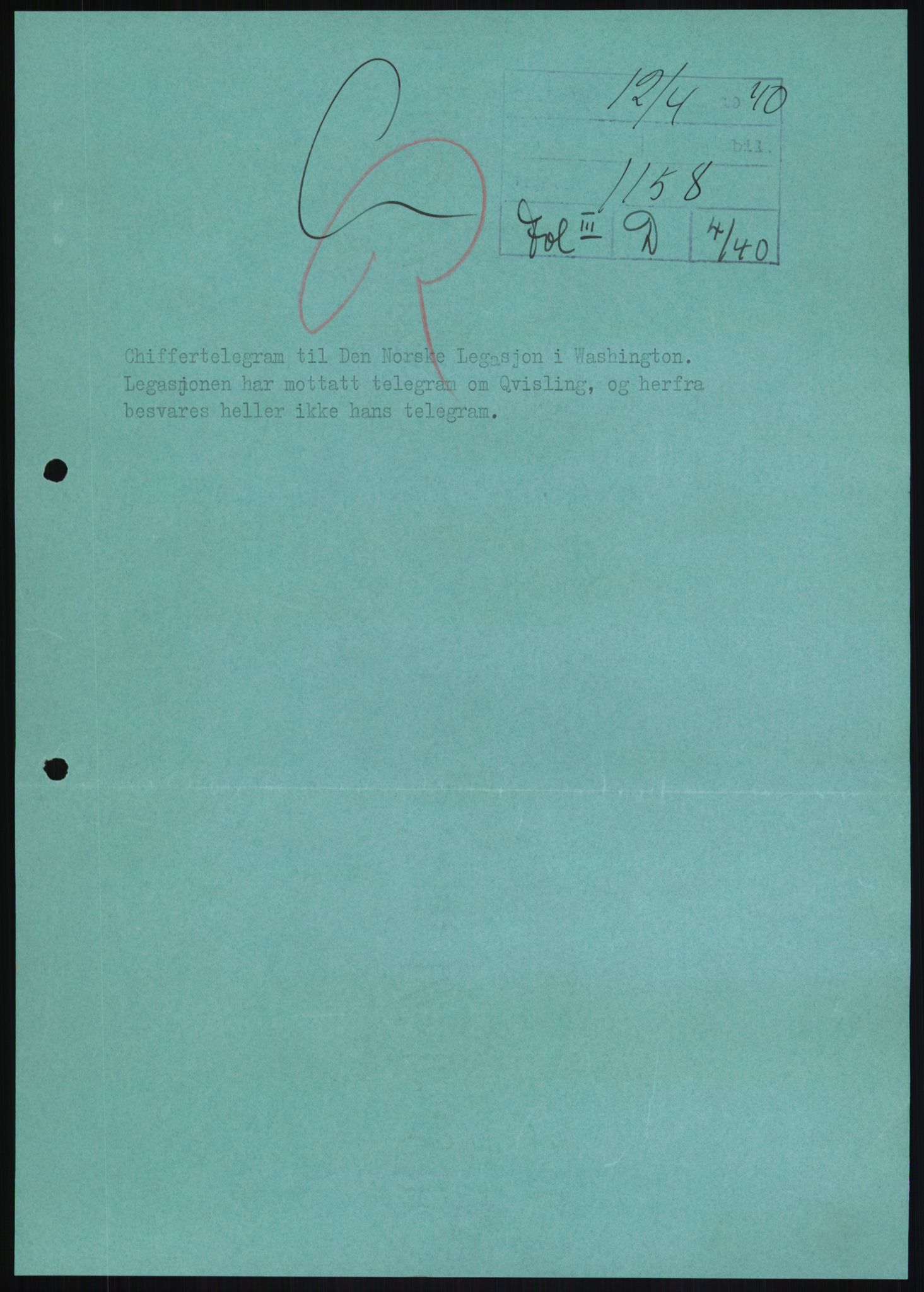 Utenriksstasjonene, Legasjonen/Ambassaden i Stockholm, AV/RA-S-1725/1/D/Da/L0072/0004: Krigen 1939 / Fol IIID 04/40 Quisling-regjeringen, 1940-1946