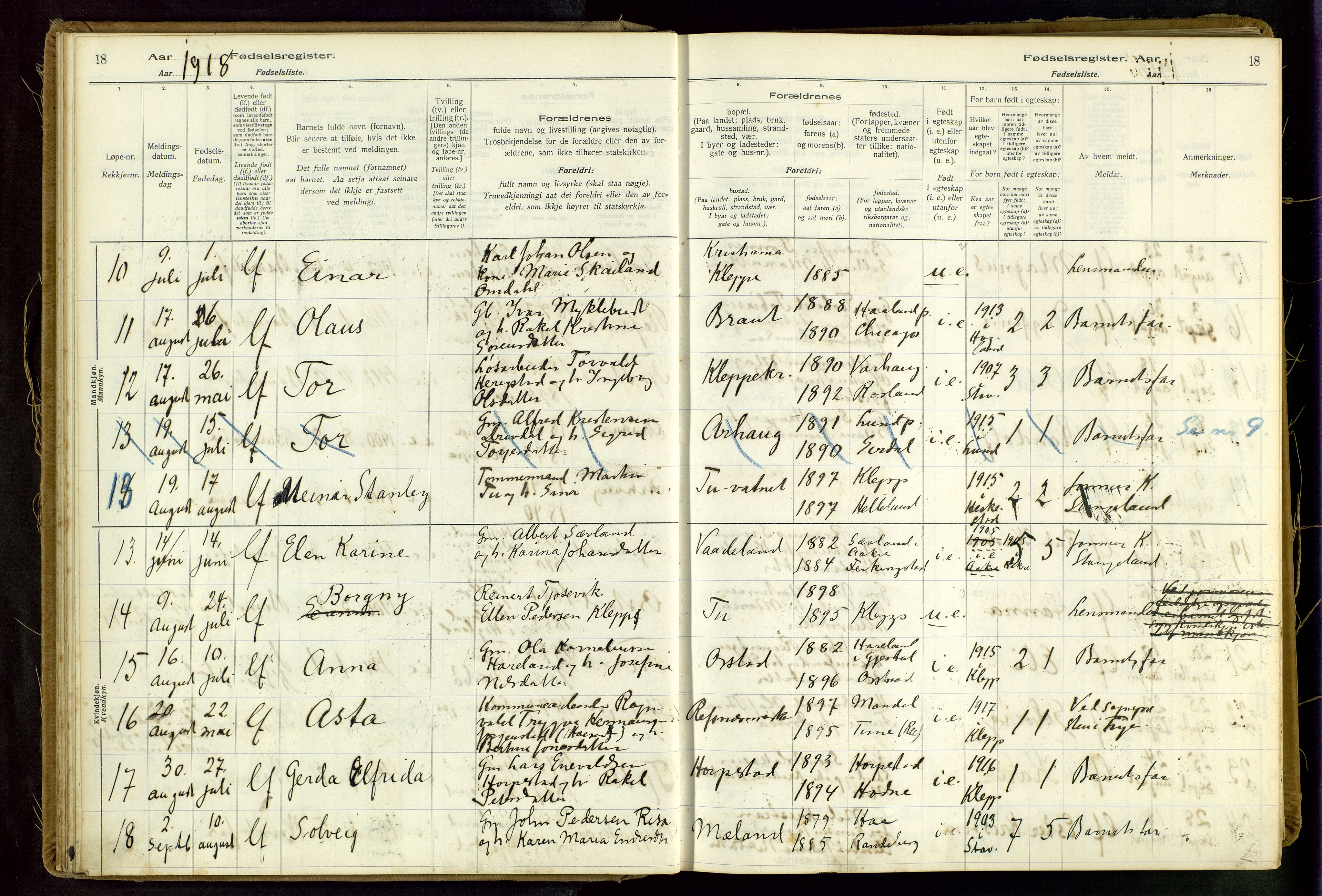 Klepp sokneprestkontor, AV/SAST-A-101803/001/704BAA/L0001: Fødselsregister nr. 1, 1916-1948, s. 18