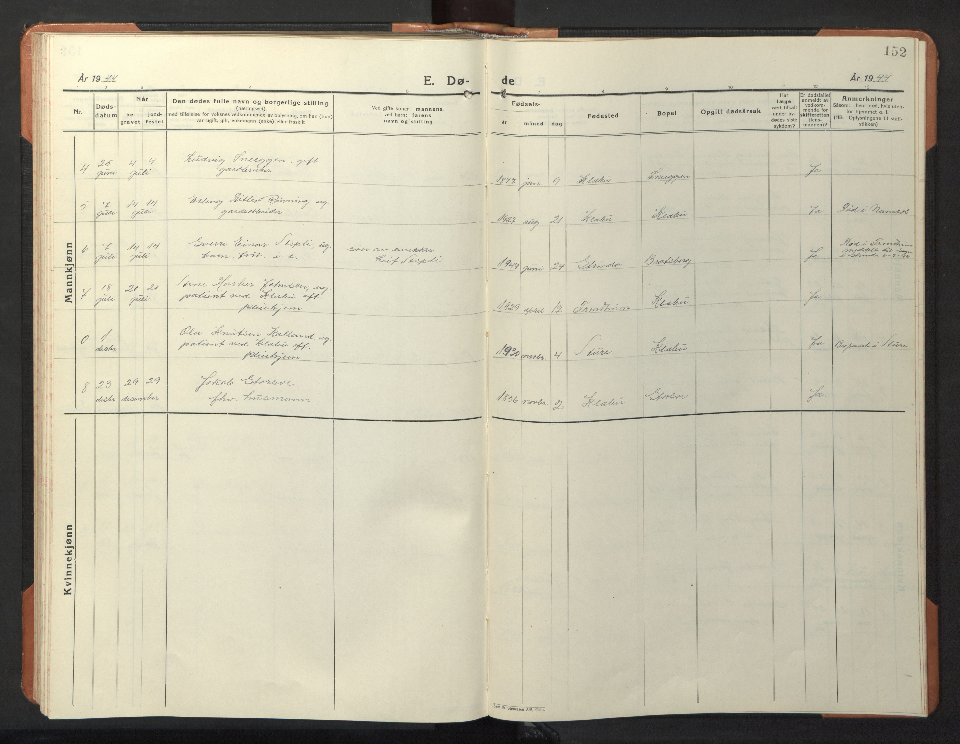 Ministerialprotokoller, klokkerbøker og fødselsregistre - Sør-Trøndelag, SAT/A-1456/618/L0454: Klokkerbok nr. 618C05, 1926-1946, s. 152