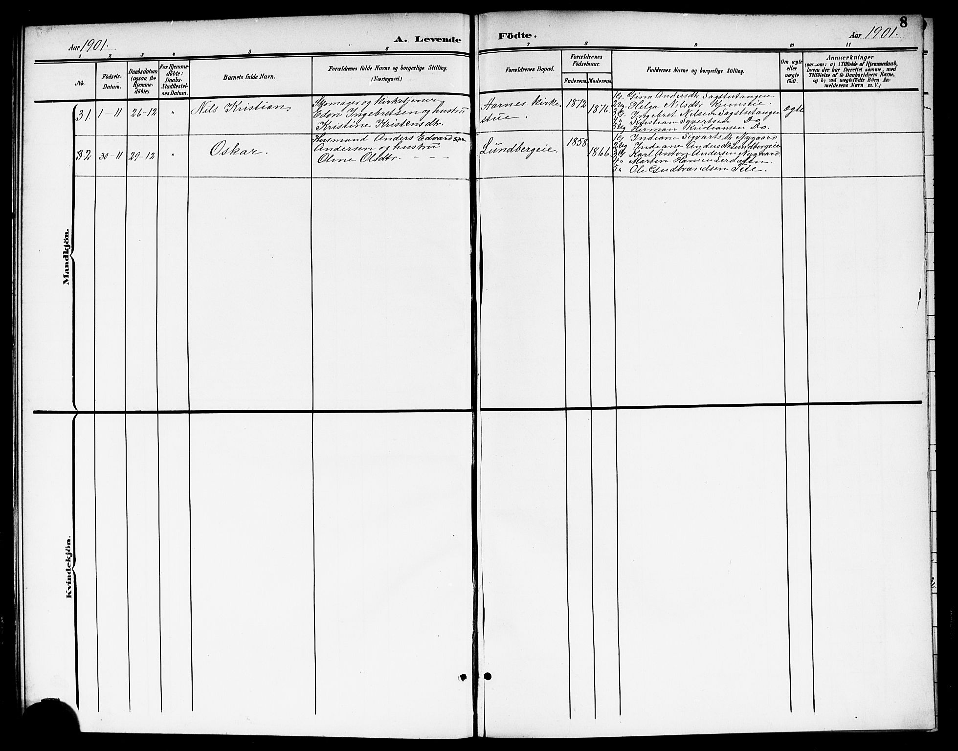 Nes prestekontor Kirkebøker, AV/SAO-A-10410/G/Gc/L0001: Klokkerbok nr. III 1, 1901-1917, s. 8