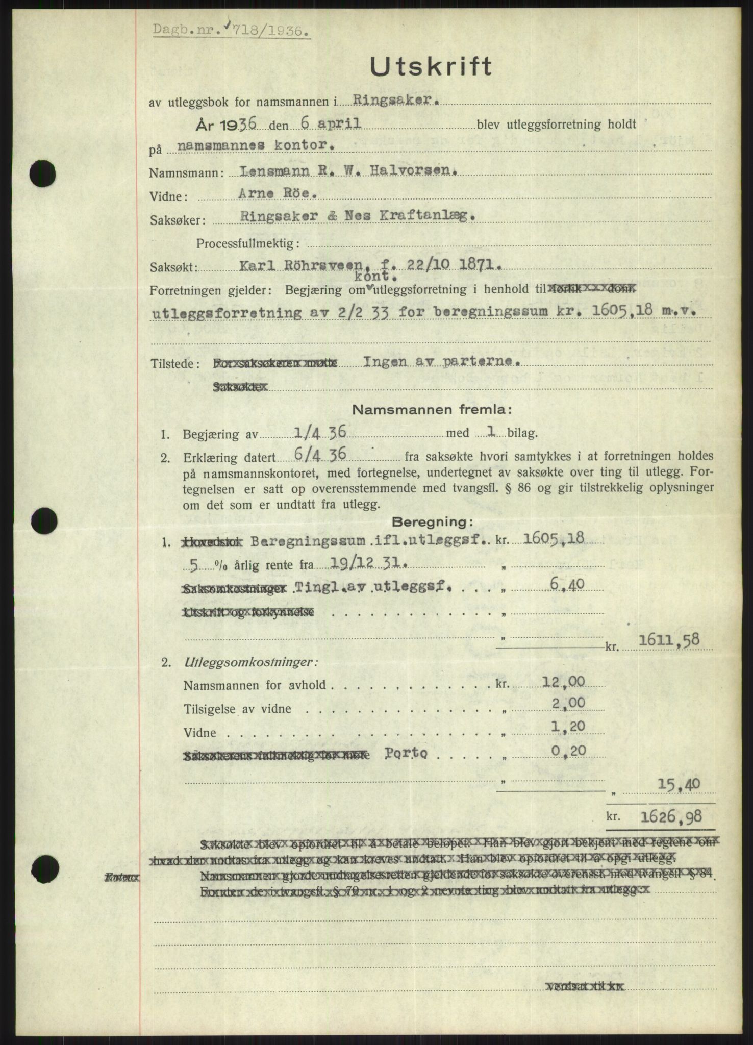 Nord-Hedmark sorenskriveri, SAH/TING-012/H/Hb/Hbf/L0001: Pantebok nr. B1, 1936-1936, Dagboknr: 718/1936
