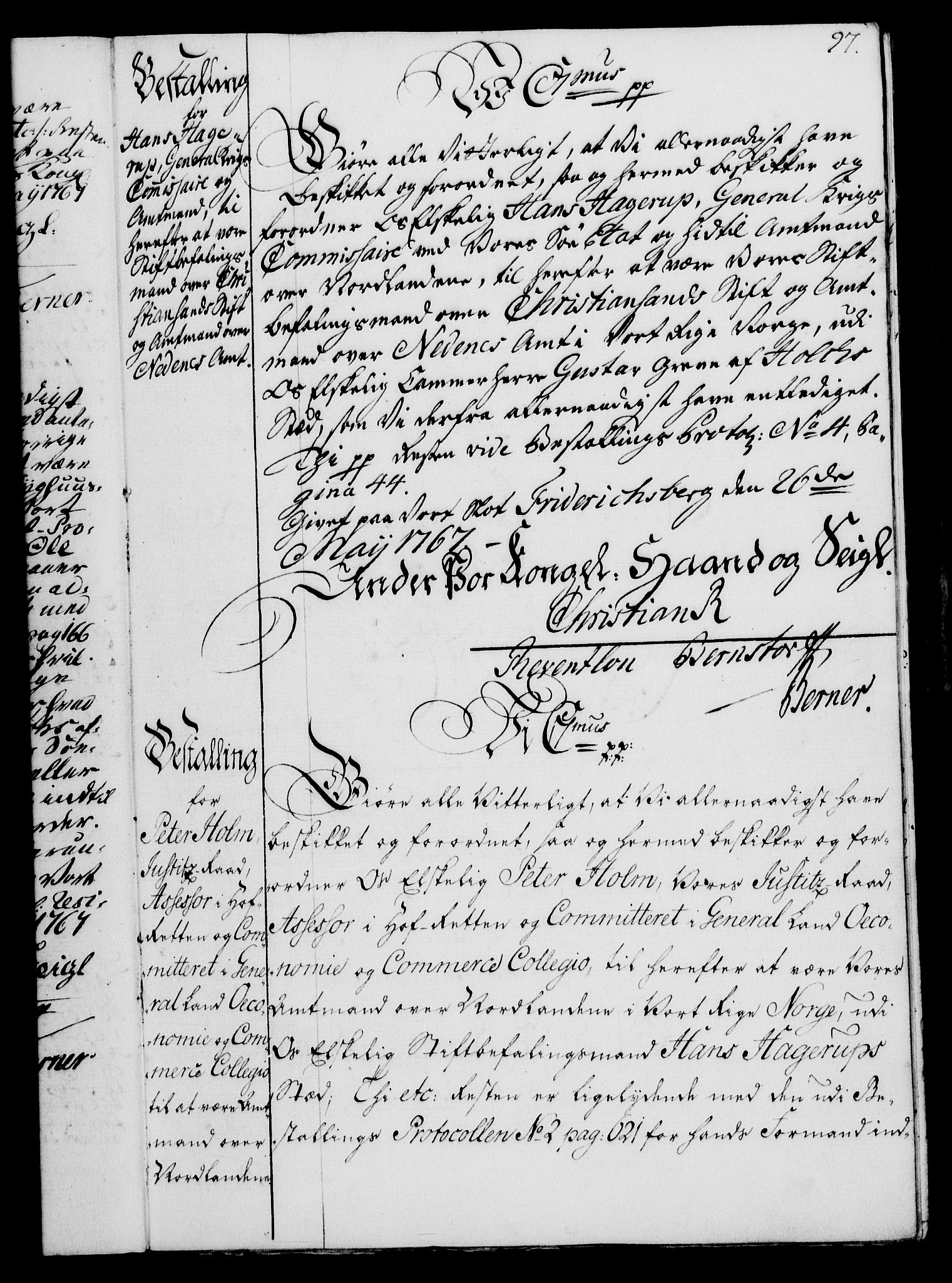 Rentekammeret, Kammerkanselliet, RA/EA-3111/G/Gg/Gge/L0004: Norsk bestallingsprotokoll med register (merket RK 53.28), 1762-1771, s. 97