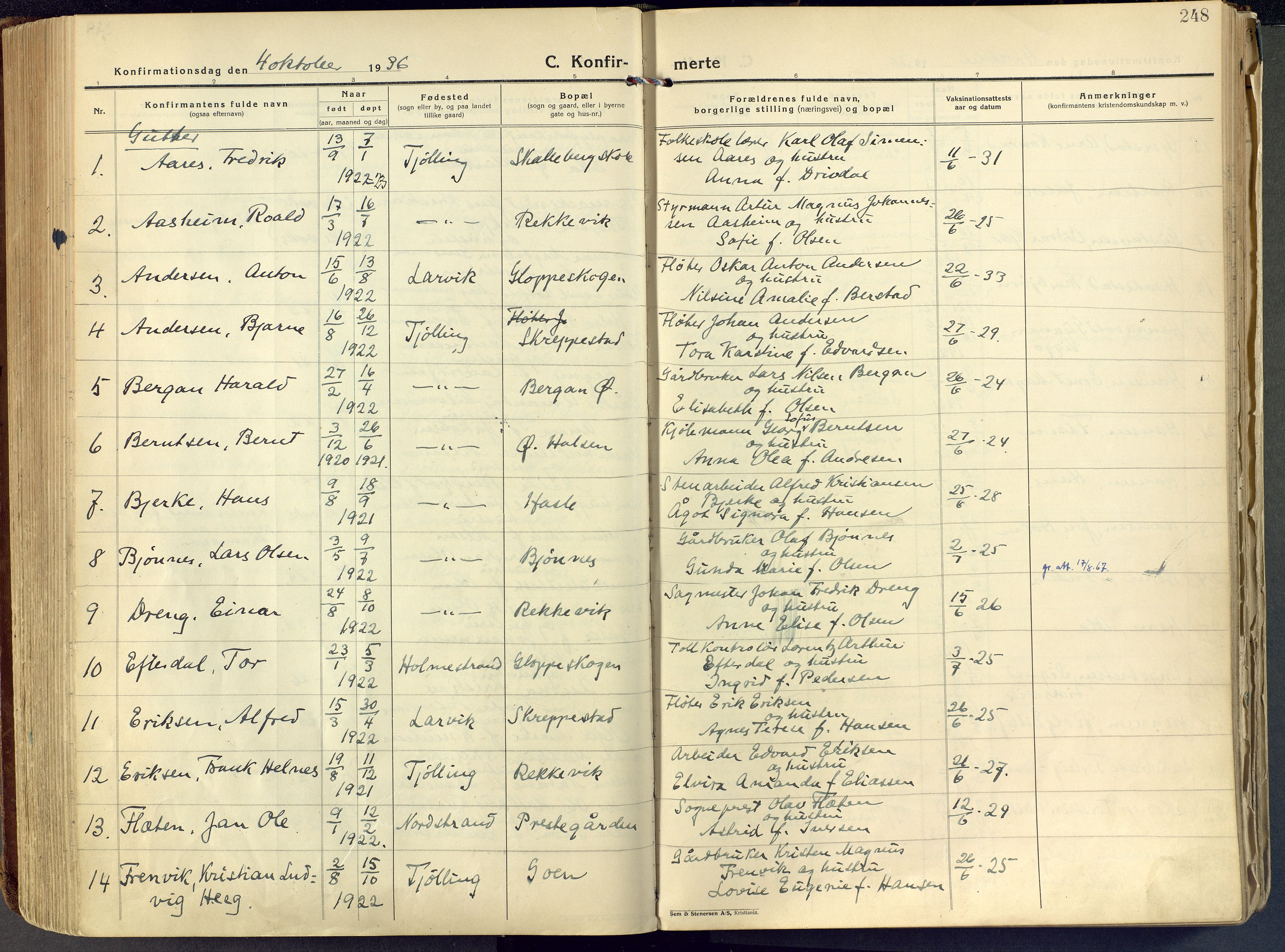 Tjølling kirkebøker, AV/SAKO-A-60/F/Fa/L0011: Ministerialbok nr. 11, 1924-1943, s. 248