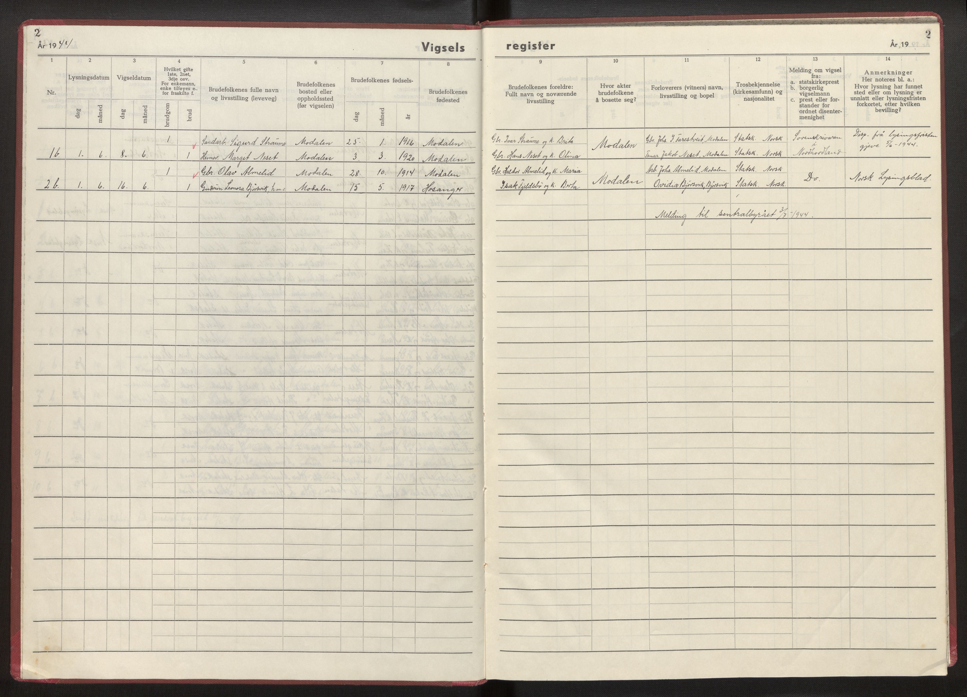 Modalen folkeregister (Krigsregister), AV/SAB-A-84601/F/L0002: Vigselsregisterv, 1943-1944