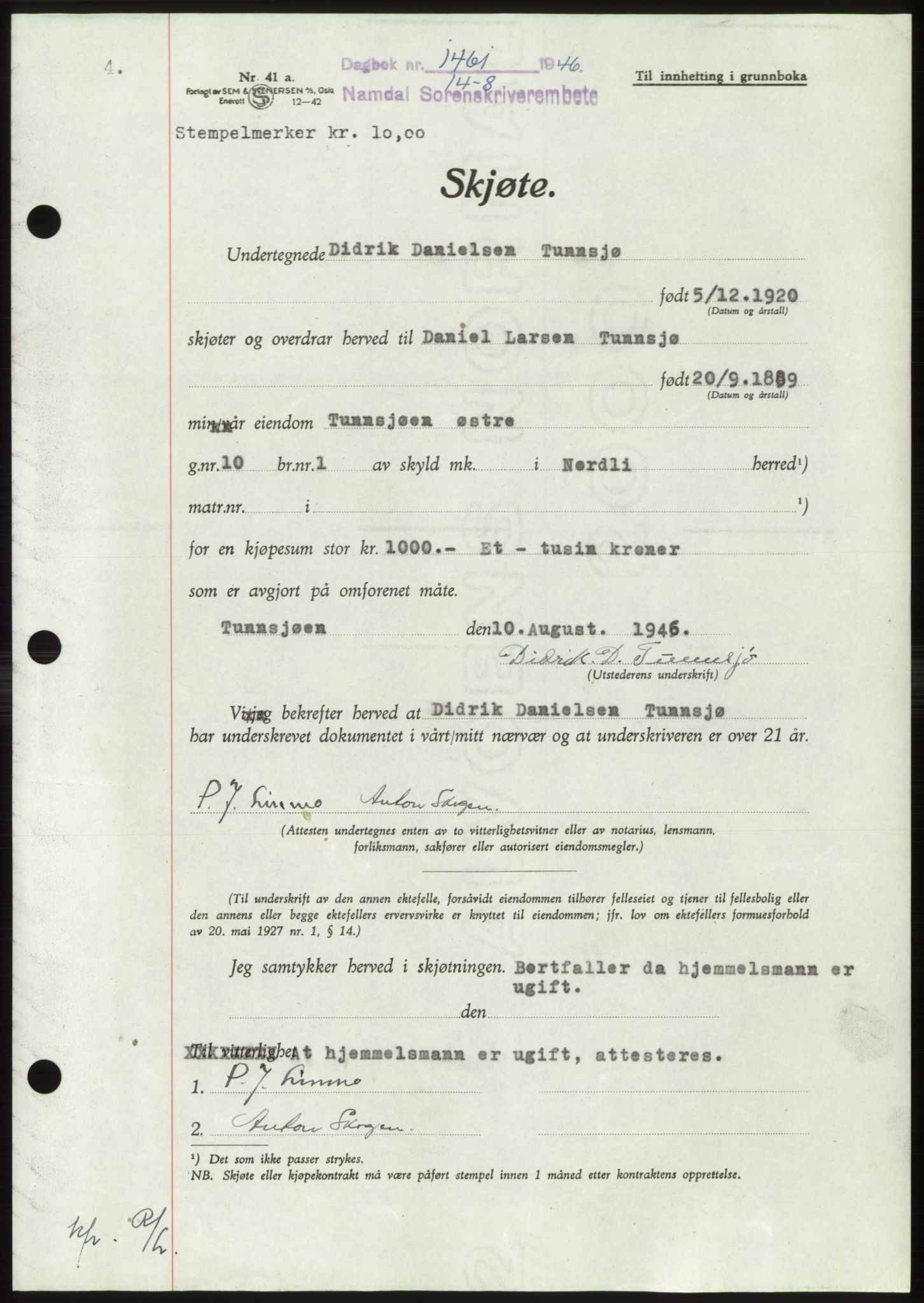 Namdal sorenskriveri, SAT/A-4133/1/2/2C: Pantebok nr. -, 1946-1946, Dagboknr: 1461/1946