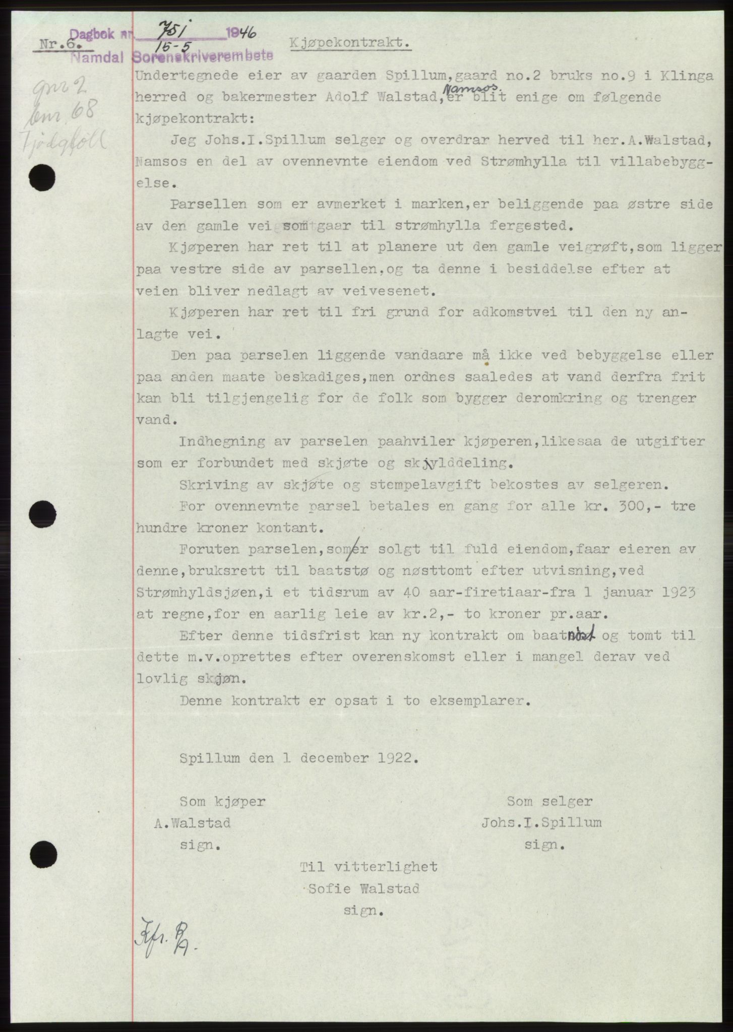 Namdal sorenskriveri, SAT/A-4133/1/2/2C: Pantebok nr. -, 1946-1946, Dagboknr: 751/1946