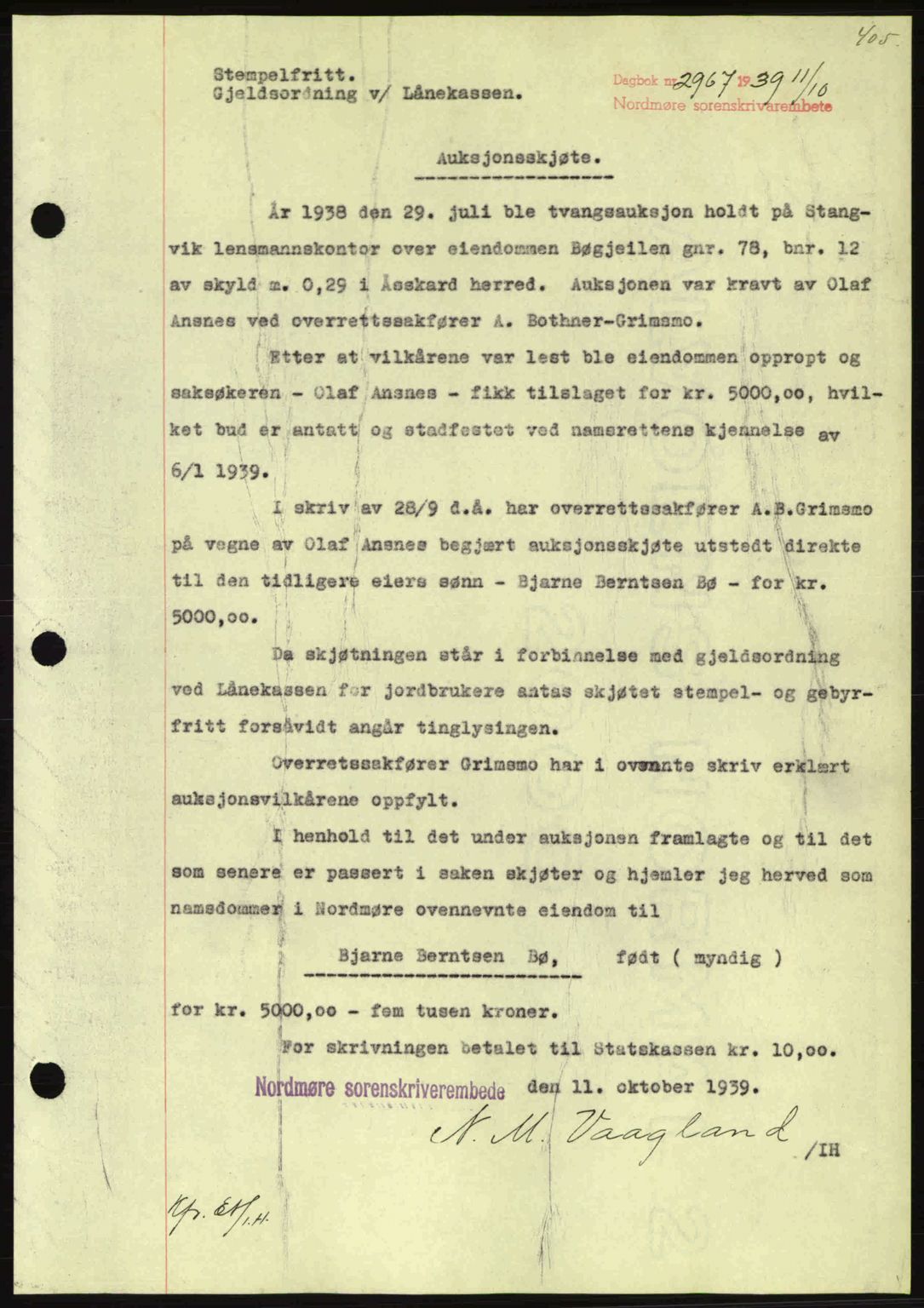 Nordmøre sorenskriveri, SAT/A-4132/1/2/2Ca: Pantebok nr. A87, 1939-1940, Dagboknr: 2967/1939