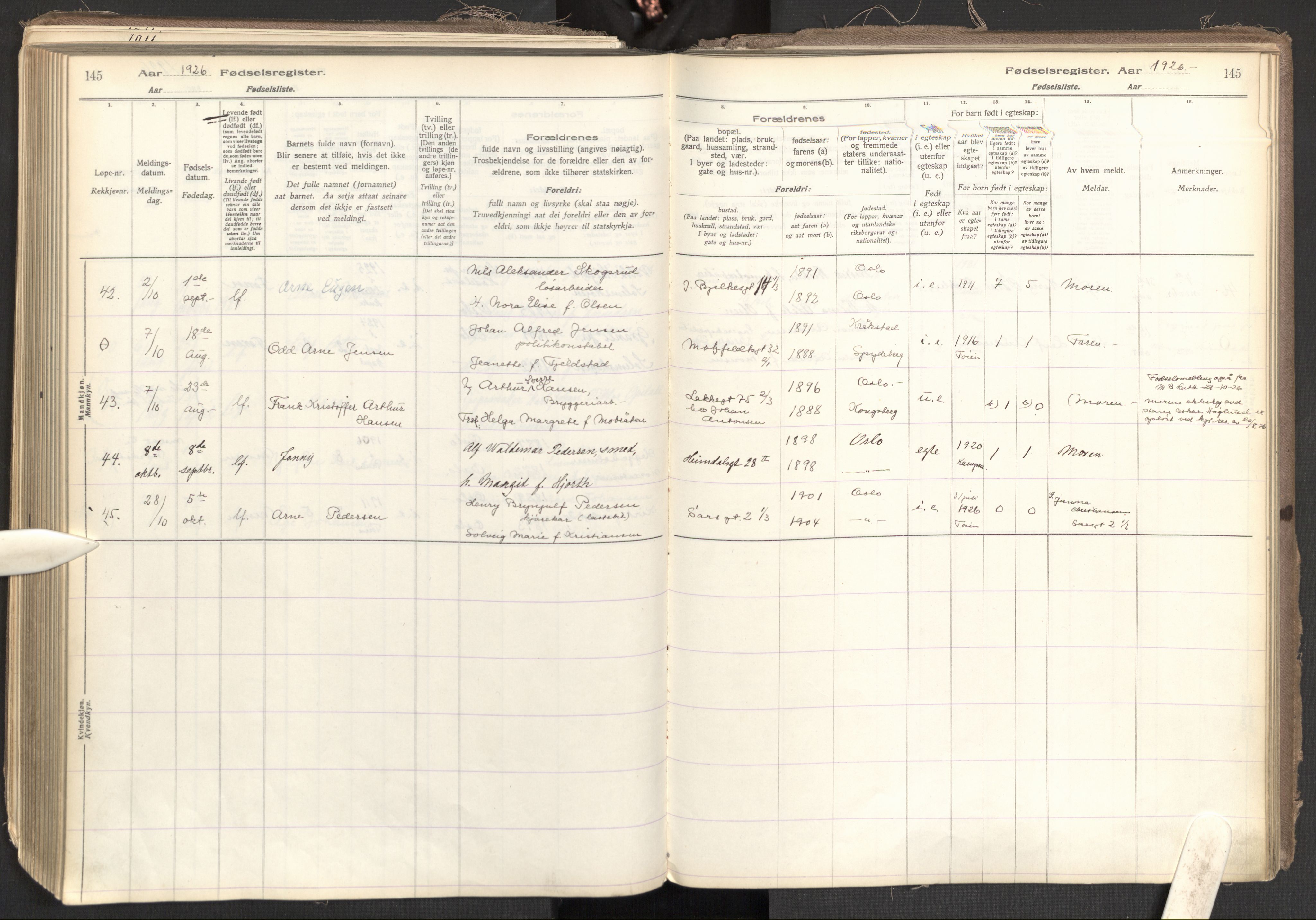 Tøyen prestekontor Kirkebøker, AV/SAO-A-10167a/J/Ja/L0001: Fødselsregister nr. 1, 1916-1944, s. 145