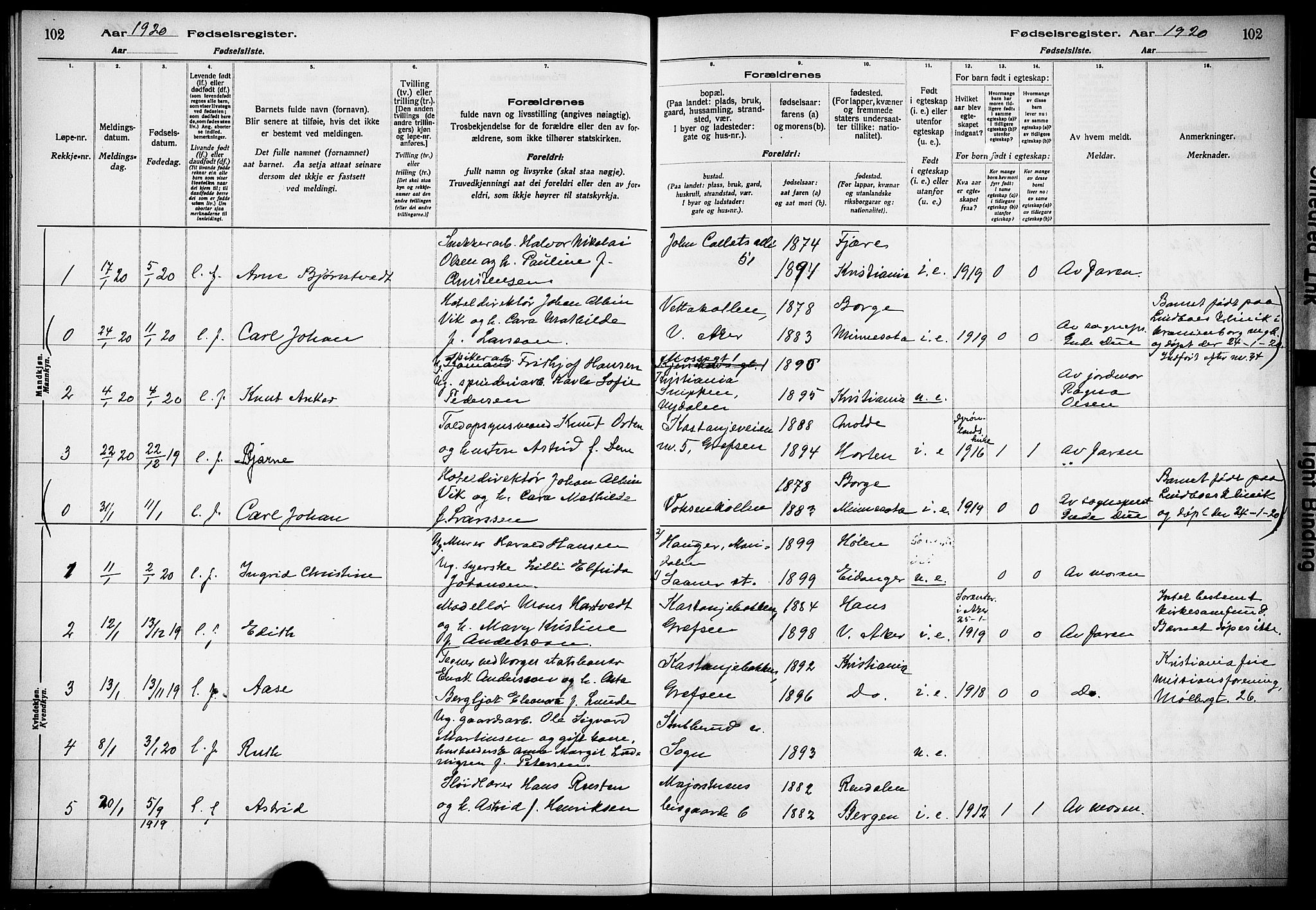 Vestre Aker prestekontor Kirkebøker, AV/SAO-A-10025/J/Ja/L0001: Fødselsregister nr. 1, 1916-1922, s. 102