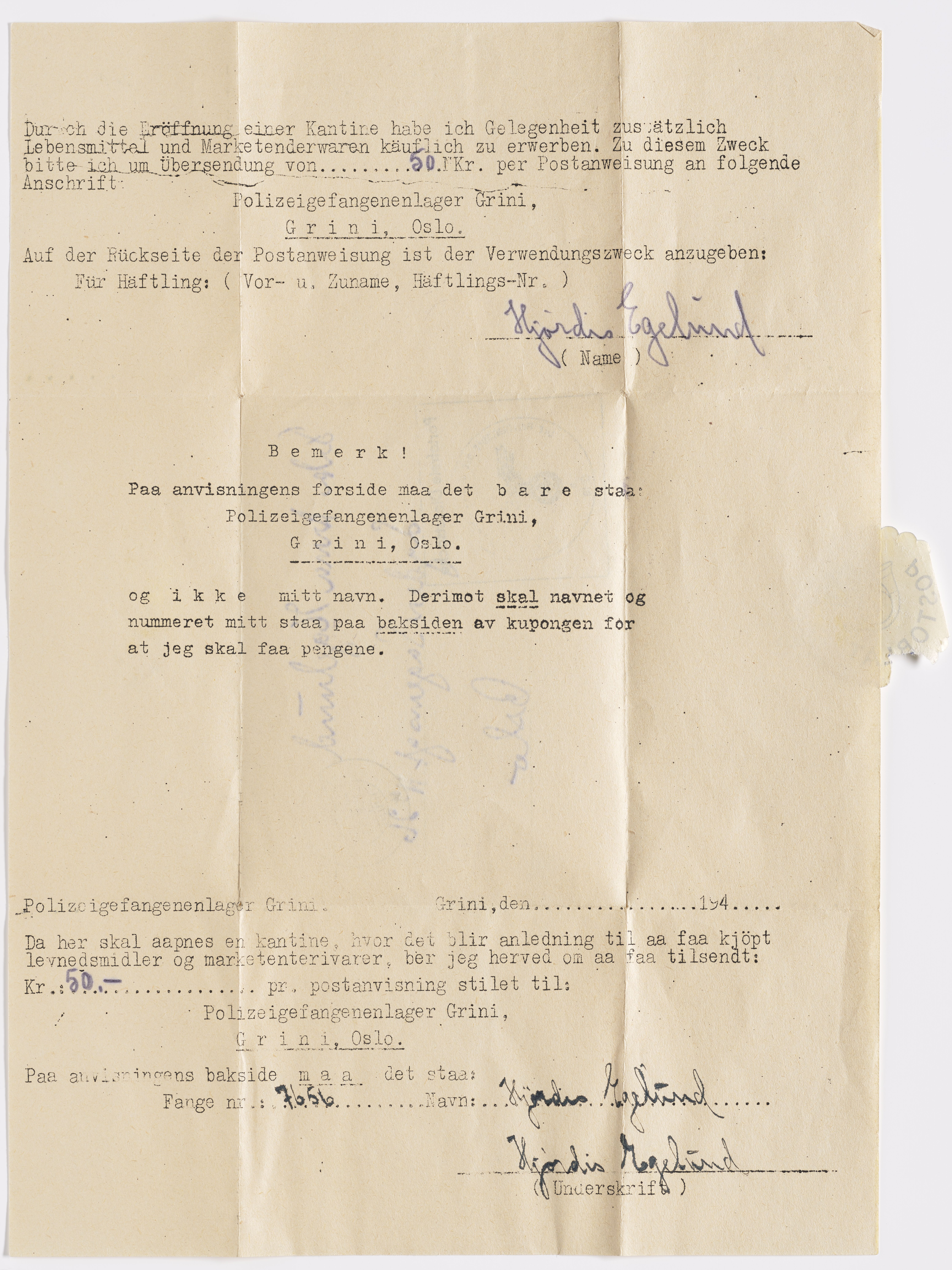 Hjørdis Helene Egelund, AFM/GRI-1003/D/Da/L0001/0003: Brev og dokumenter / Brev, 1943