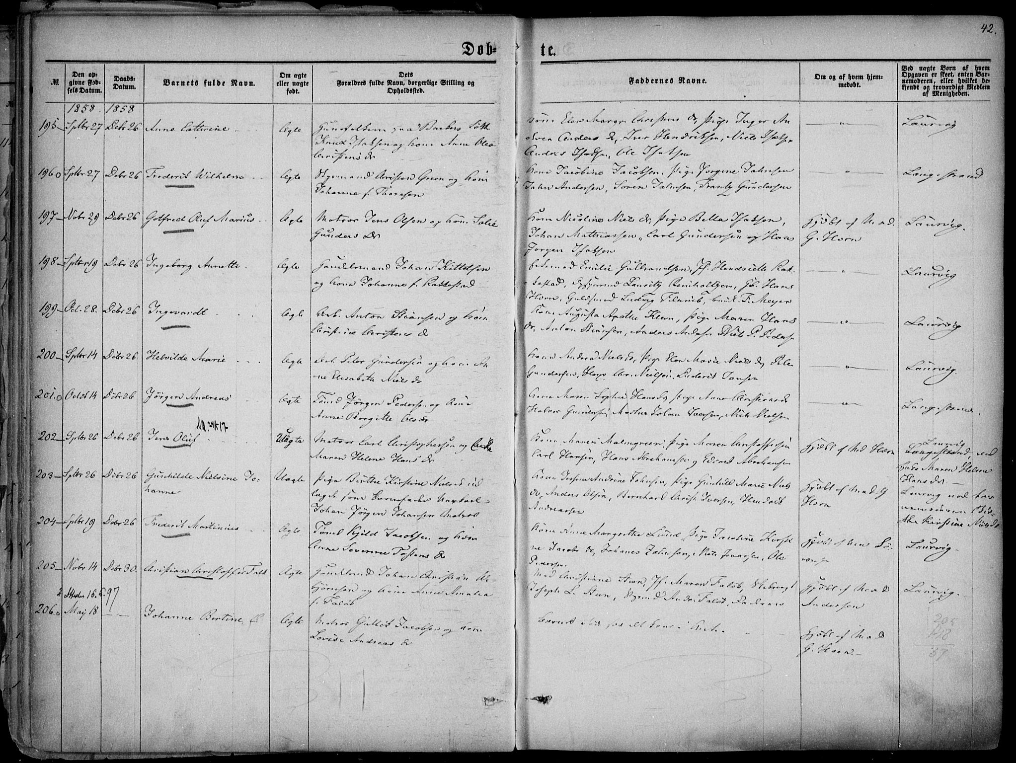 Larvik kirkebøker, AV/SAKO-A-352/F/Fa/L0004: Ministerialbok nr. I 4, 1856-1870, s. 42