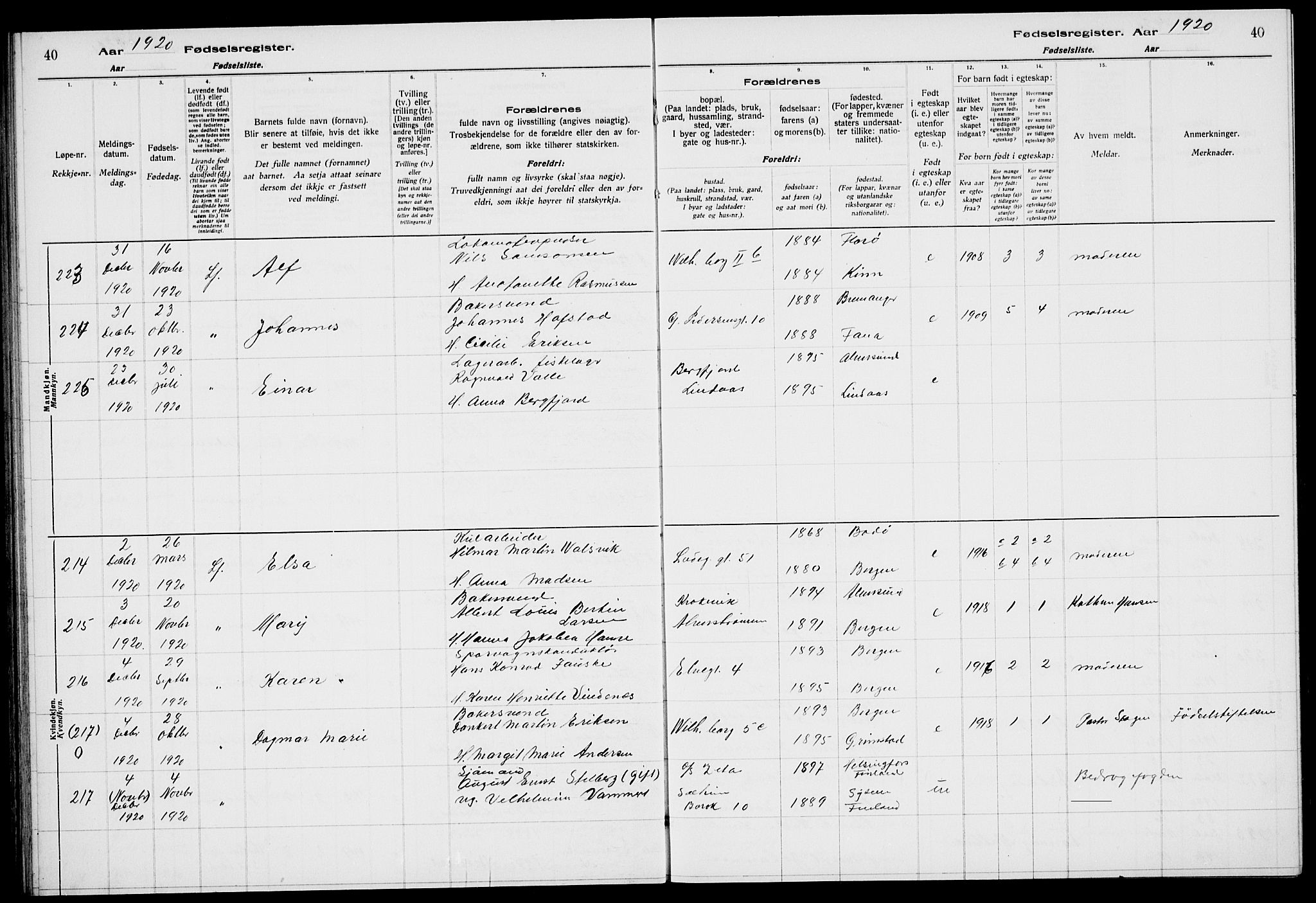 Sandviken Sokneprestembete, AV/SAB-A-77601/I/Ib/L00A2: Fødselsregister nr. A 2, 1920-1923, s. 40