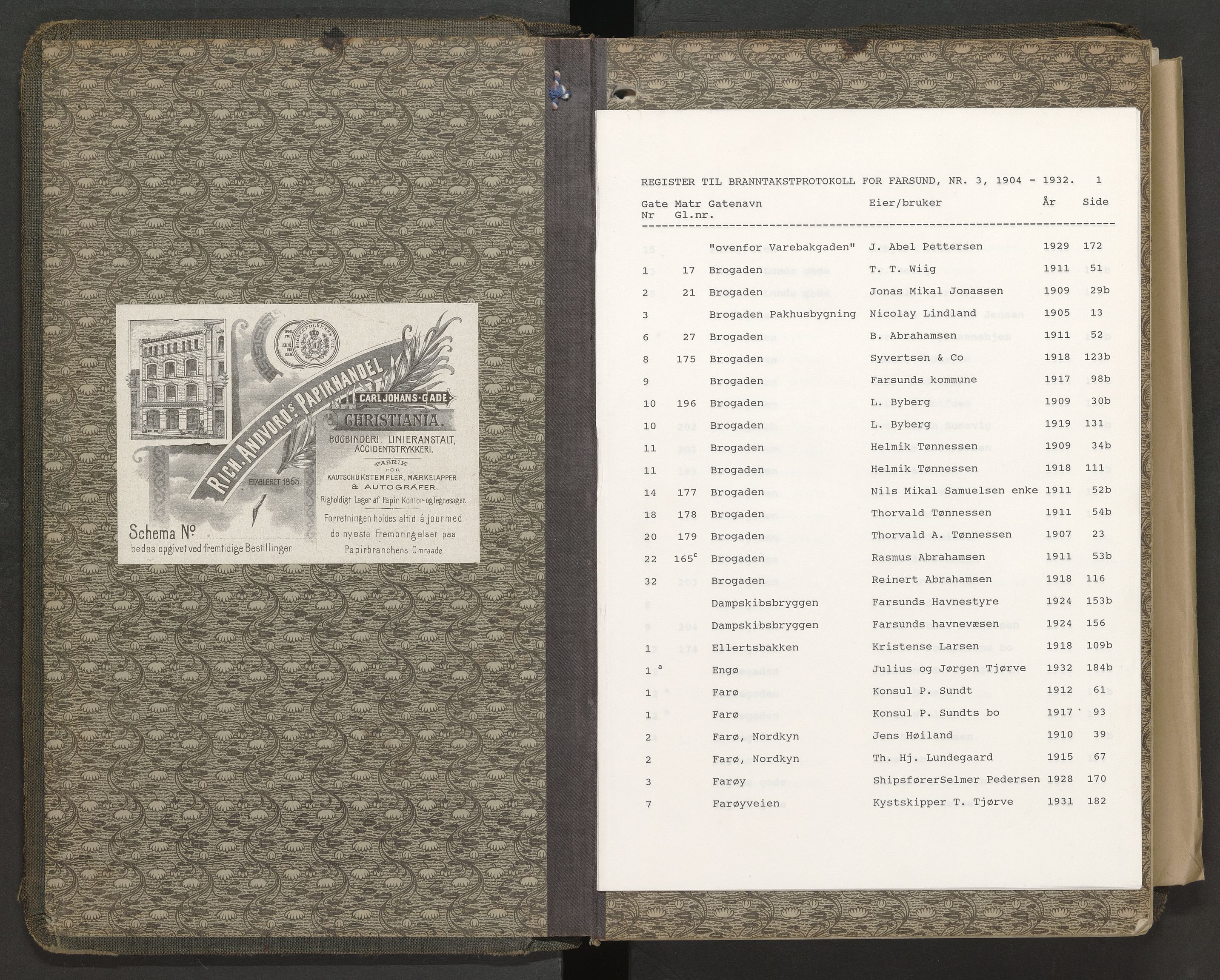 Norges Brannkasse Farsund, AV/SAK-2241-0011/F/Fa/L0002: Branntakstprotokoll nr. 3 med gatenavnsregister, 1904-1932