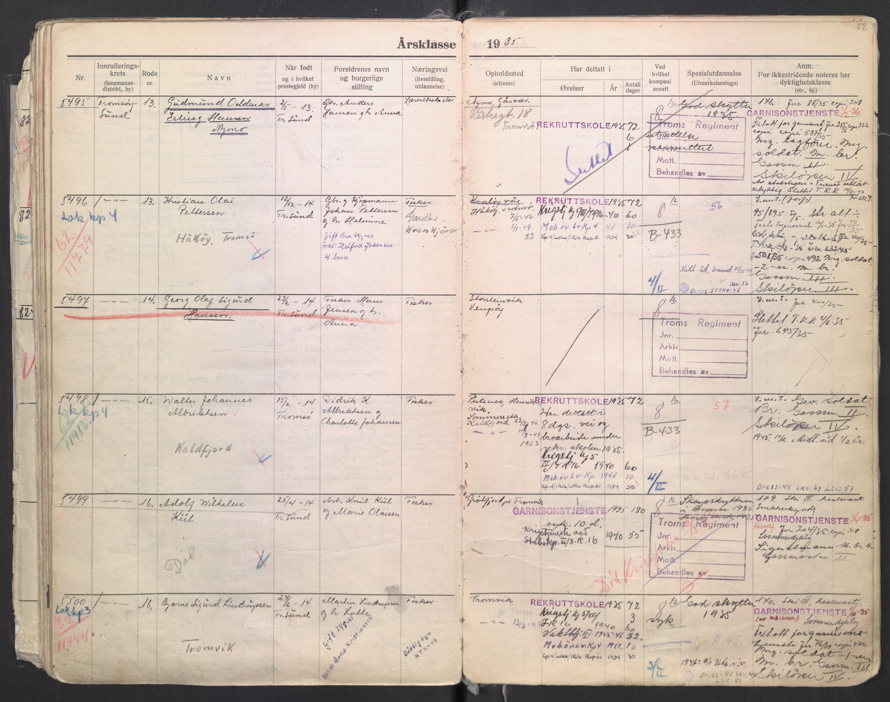 Forsvaret, Troms infanteriregiment nr. 16, AV/RA-RAFA-3146/P/Pa/L0006/0008: Ruller / Rulle for regimentets menige mannskaper, årsklasse 1935, 1935, s. 59