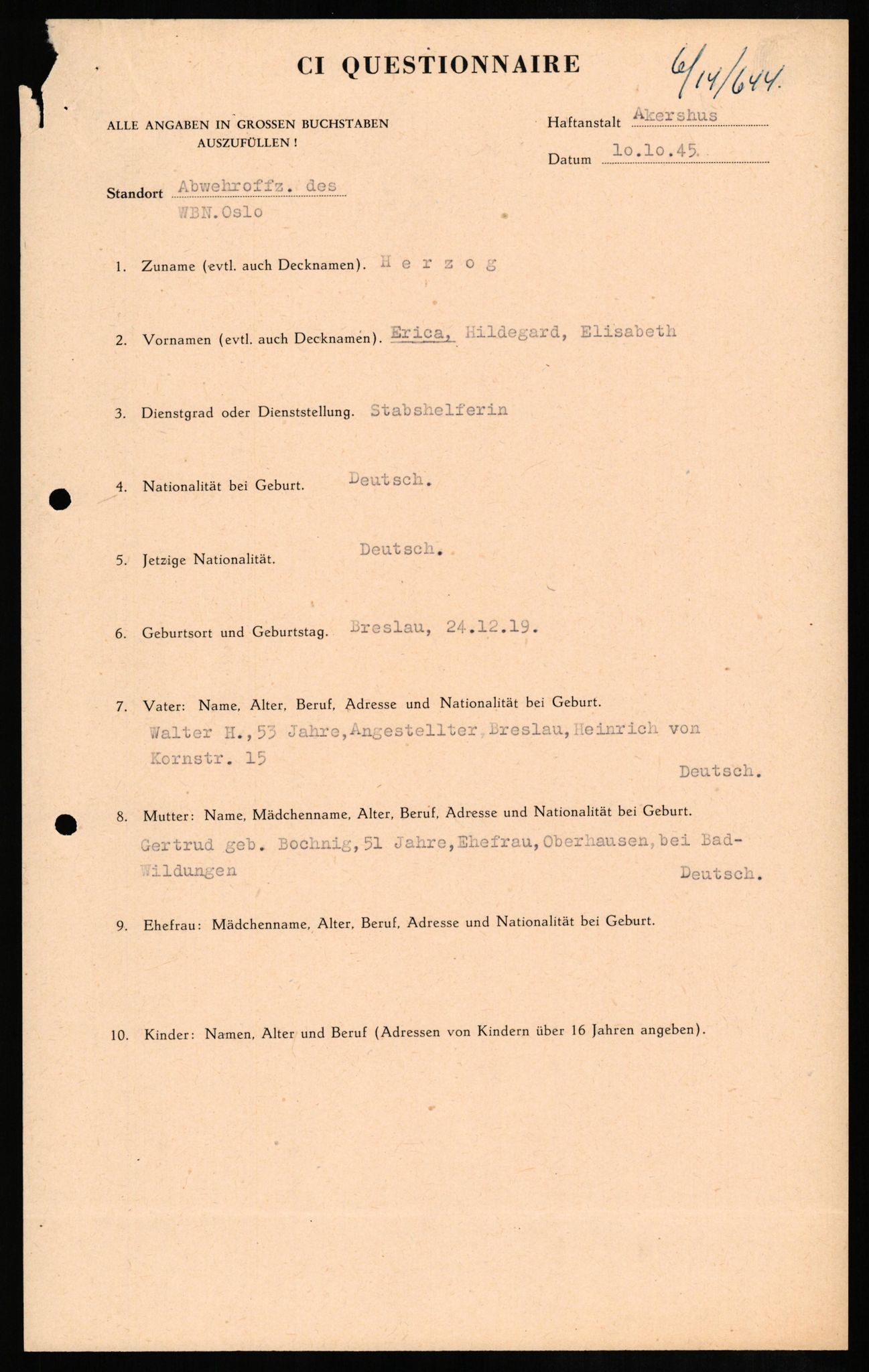 Forsvaret, Forsvarets overkommando II, AV/RA-RAFA-3915/D/Db/L0013: CI Questionaires. Tyske okkupasjonsstyrker i Norge. Tyskere., 1945-1946, s. 89