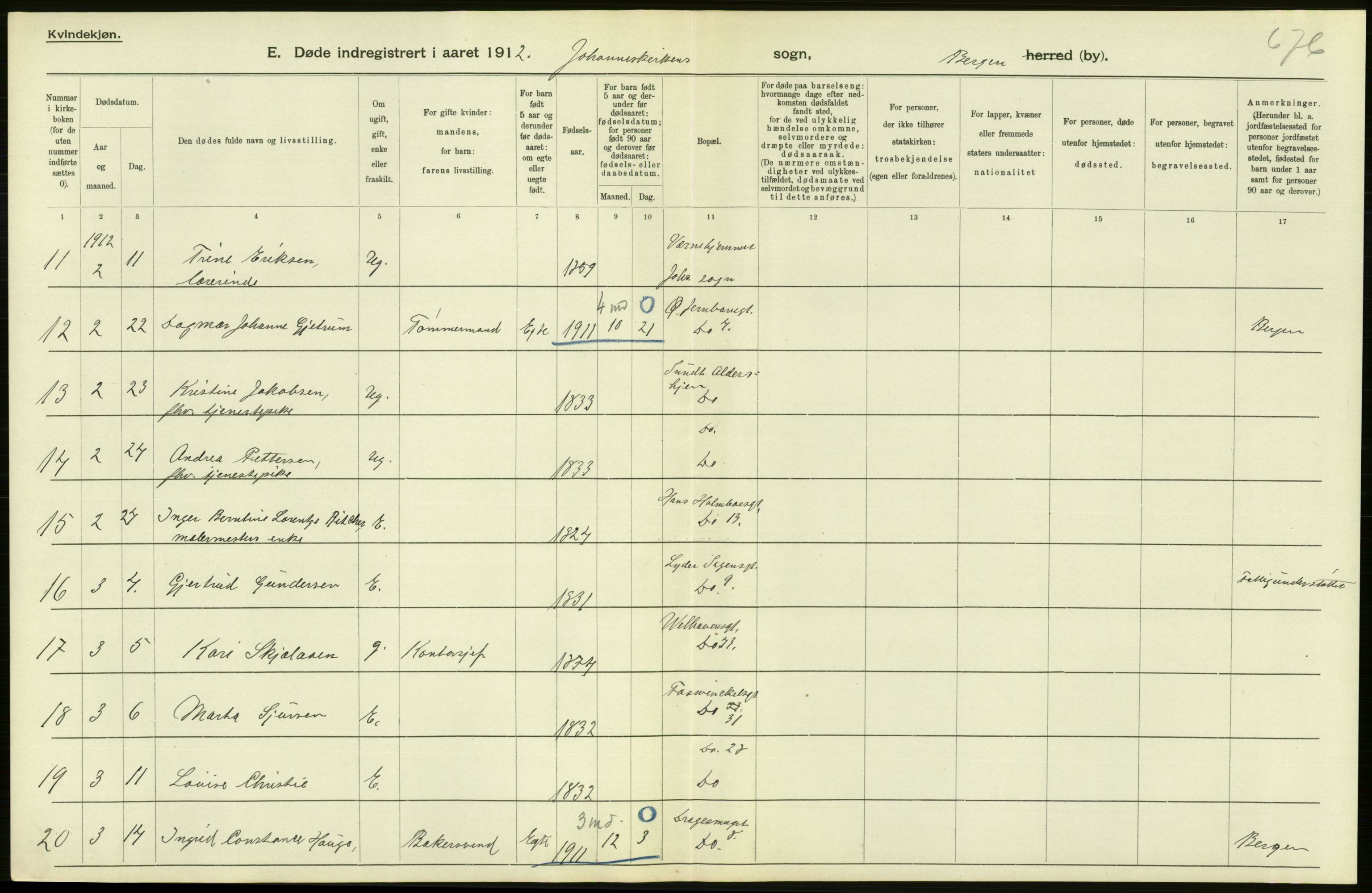 Statistisk sentralbyrå, Sosiodemografiske emner, Befolkning, AV/RA-S-2228/D/Df/Dfb/Dfbb/L0033: Bergen: Gifte, døde, dødfødte., 1912, s. 60