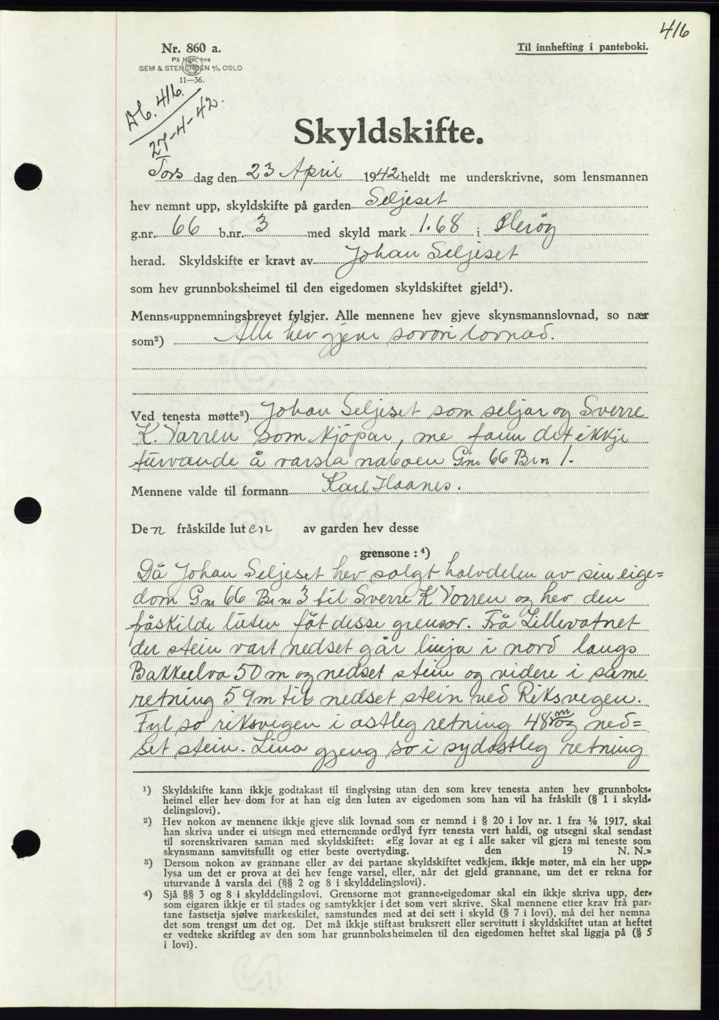 Søre Sunnmøre sorenskriveri, AV/SAT-A-4122/1/2/2C/L0073: Pantebok nr. 67, 1941-1942, Dagboknr: 416/1942