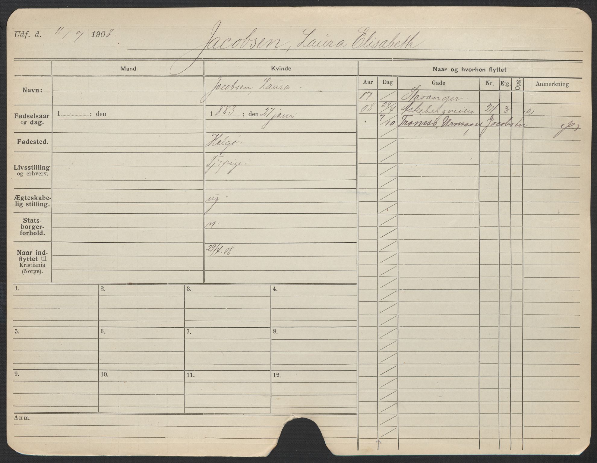 Oslo folkeregister, Registerkort, AV/SAO-A-11715/F/Fa/Fac/L0017: Kvinner, 1906-1914, s. 232a