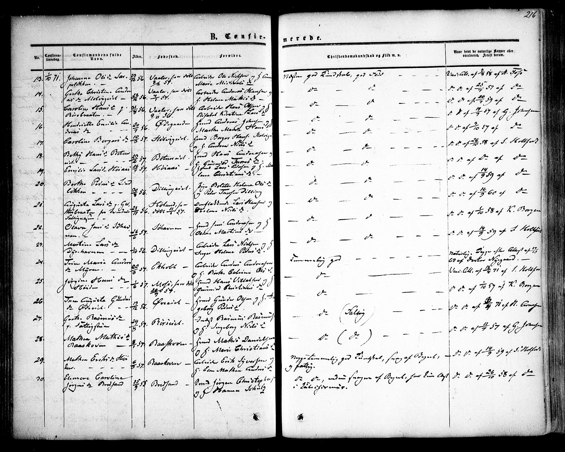 Rygge prestekontor Kirkebøker, AV/SAO-A-10084b/F/Fa/L0005: Ministerialbok nr. 5, 1852-1871, s. 216