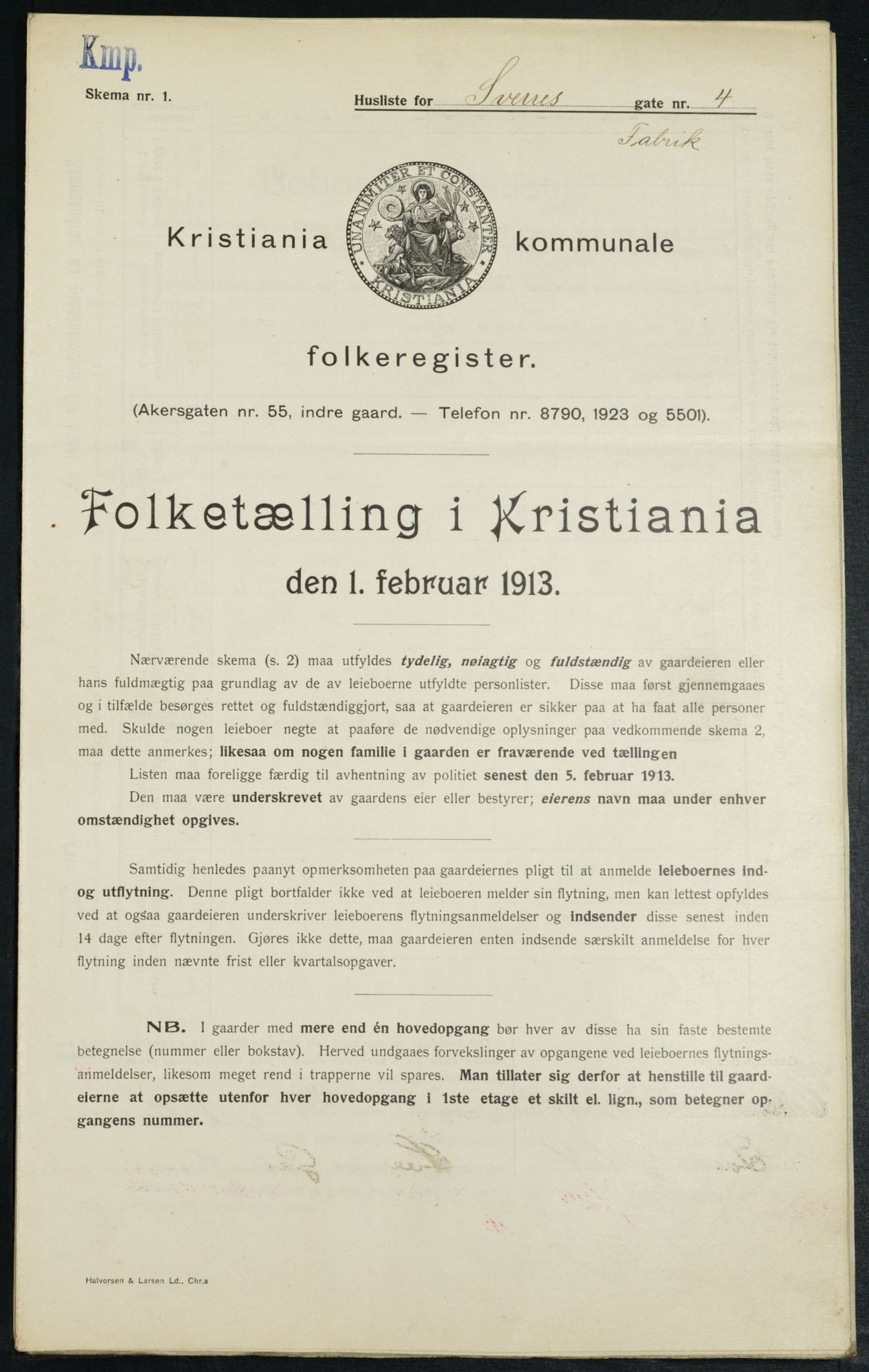 OBA, Kommunal folketelling 1.2.1913 for Kristiania, 1913, s. 106000