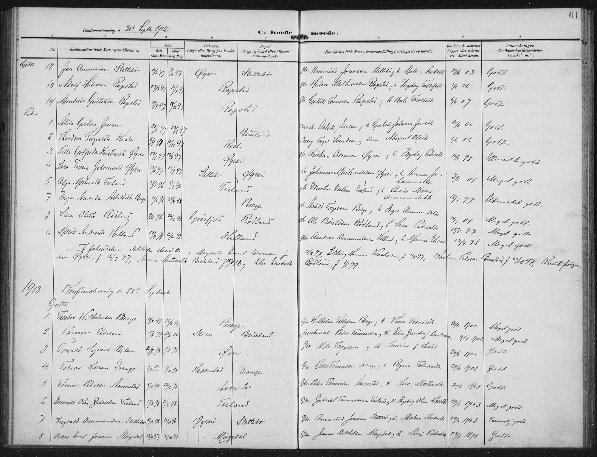 Helleland sokneprestkontor, AV/SAST-A-101810: Ministerialbok nr. A 12, 1906-1923, s. 61